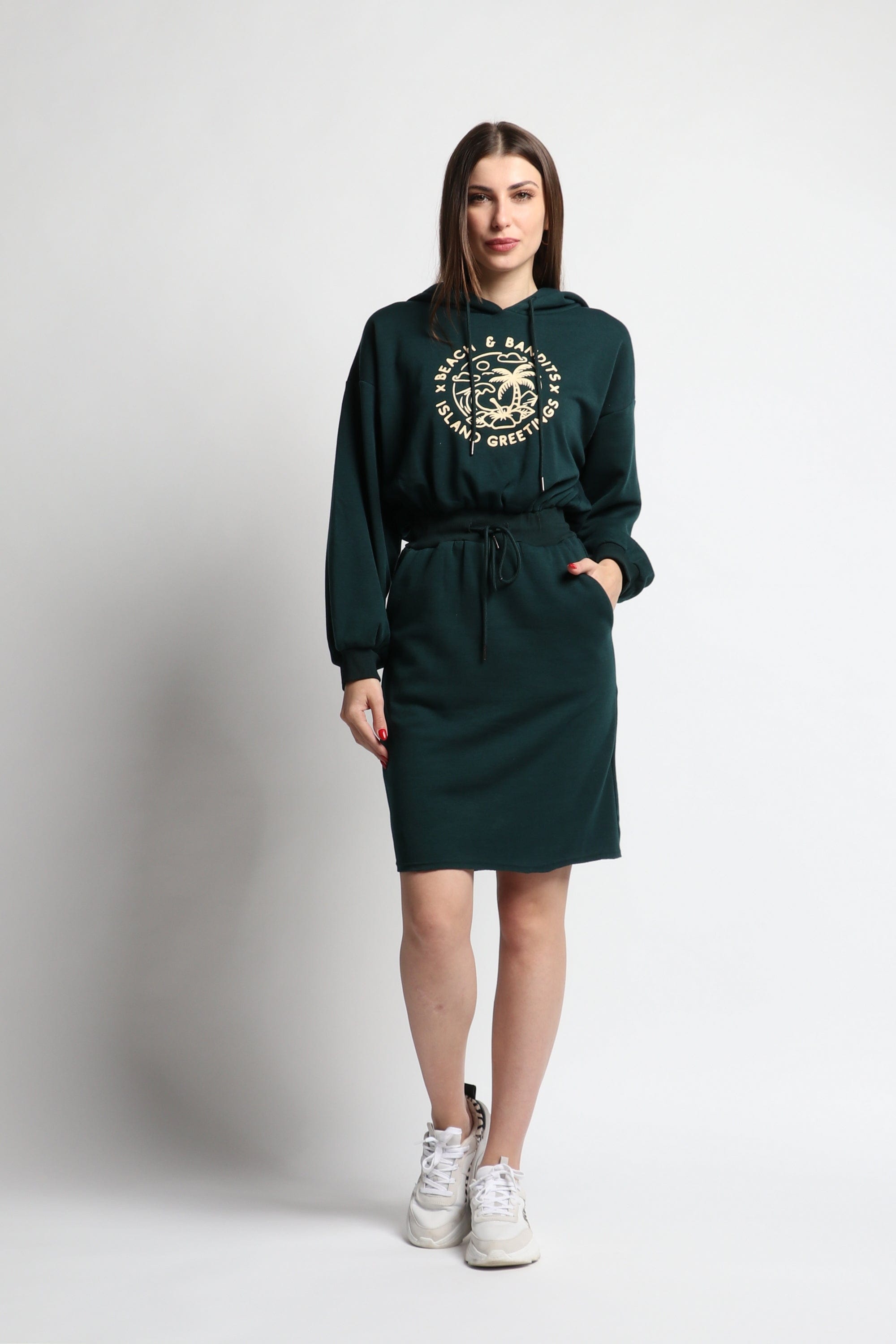 كيتشن فستان ميدي مخصر برباط على الخصر كم طويل بف زمردي