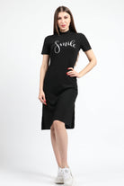 كيتشن فستان ميدي نص كم بطبعة أمامية أسود