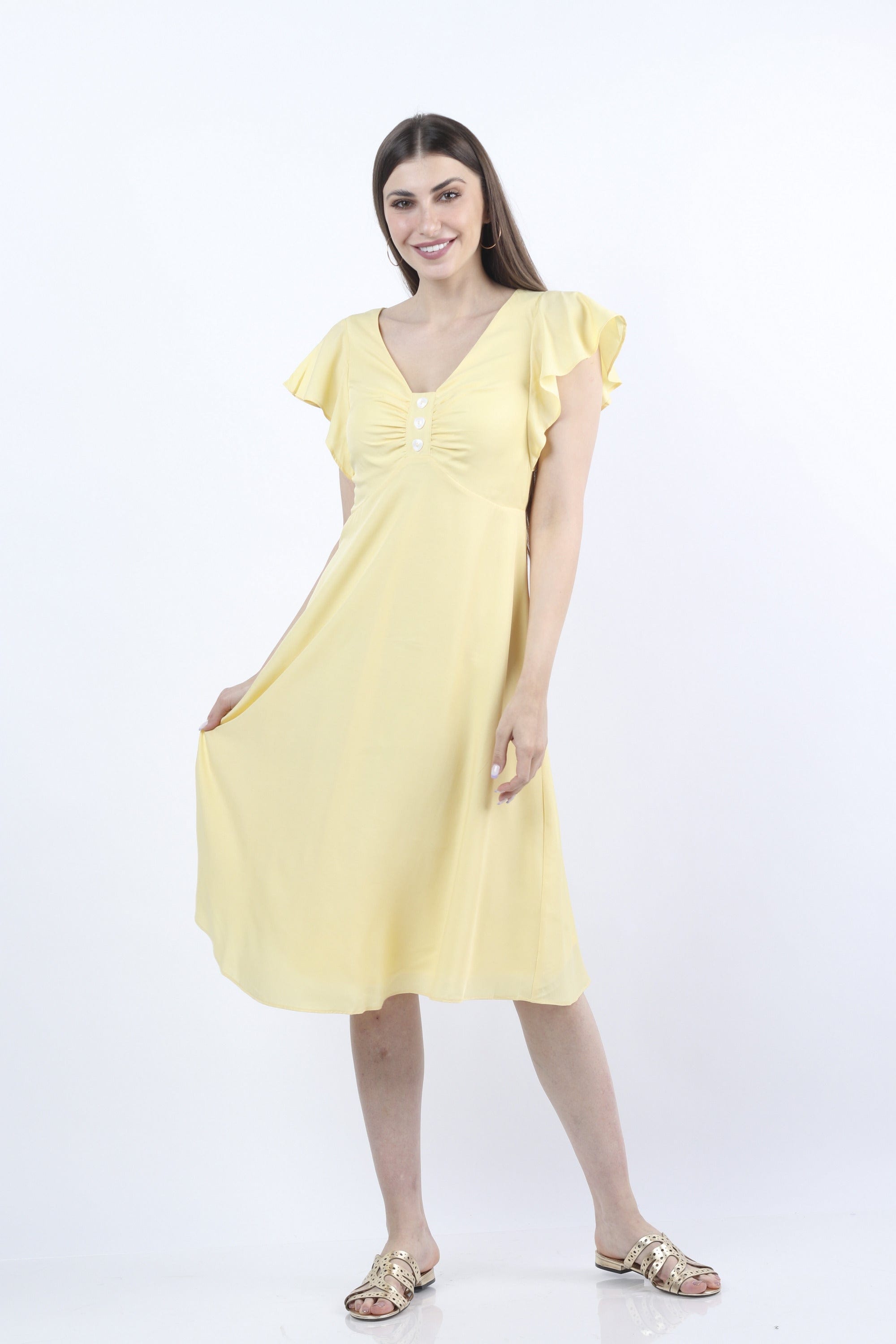 كيتشن فستان ميدي سادة بأزرار على الصدر كم قصير مكشكش