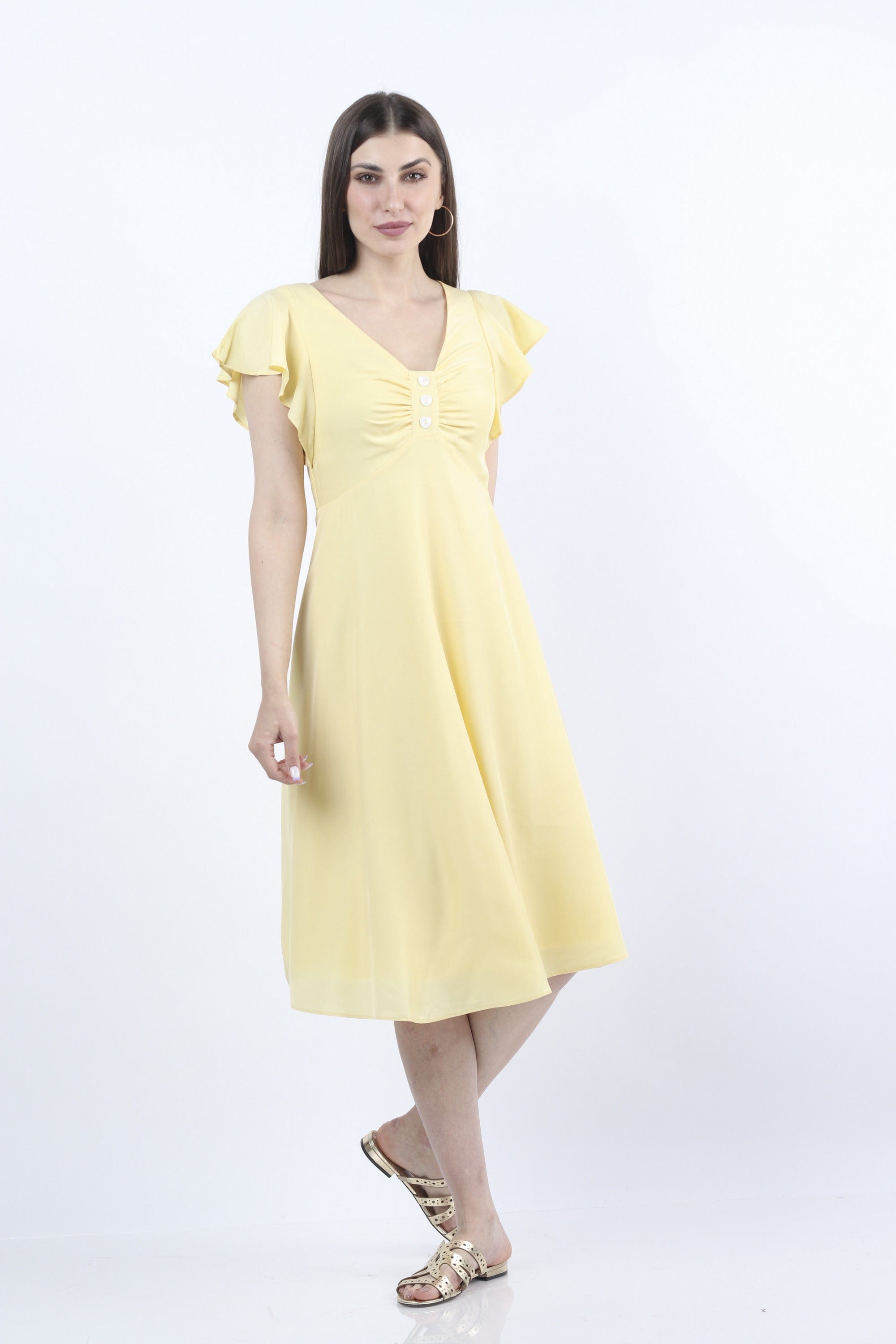 كيتشن فستان ميدي سادة بأزرار على الصدر كم قصير مكشكش