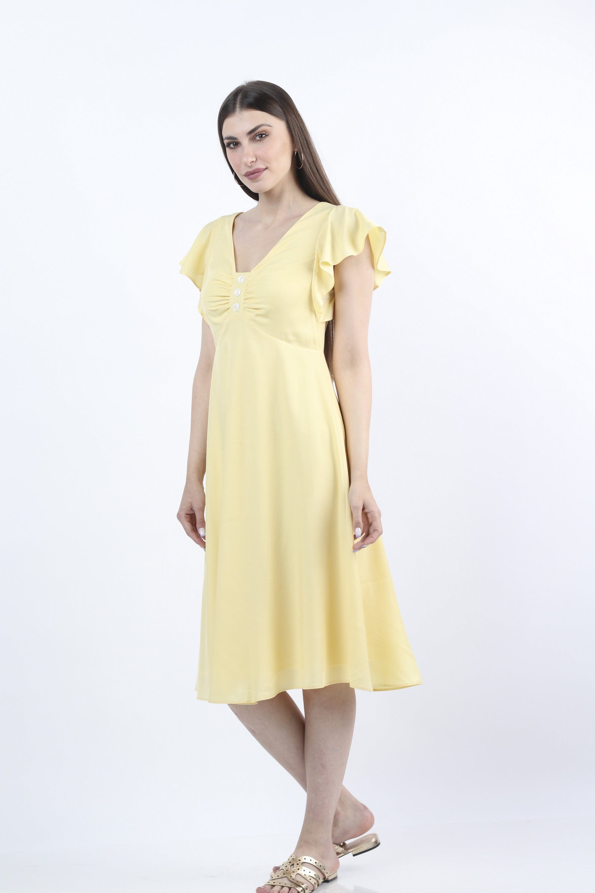 كيتشن فستان ميدي سادة بأزرار على الصدر كم قصير مكشكش