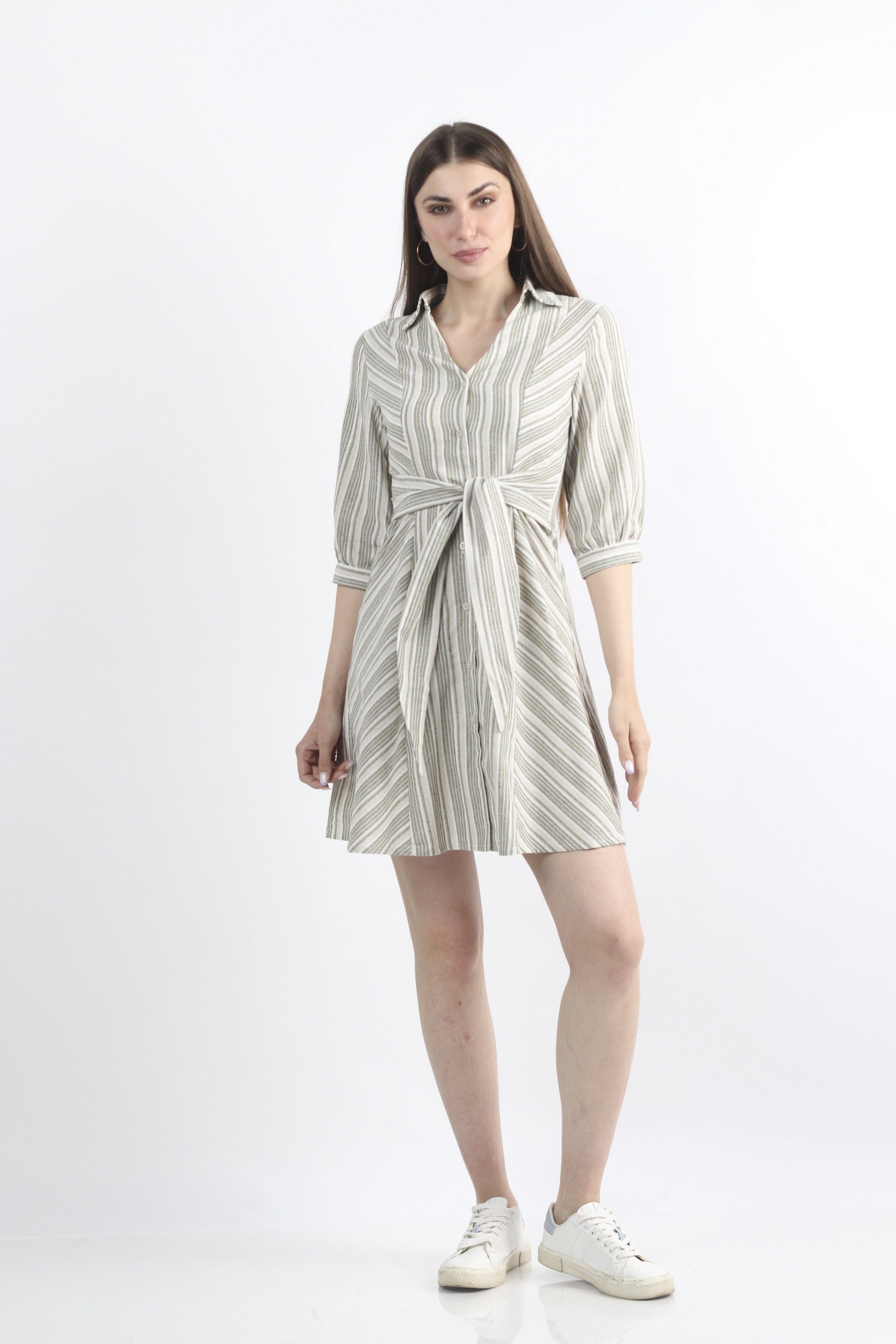 كيتشن فستان ميدي مخطط برباط على الخصر 3/4 كم بف