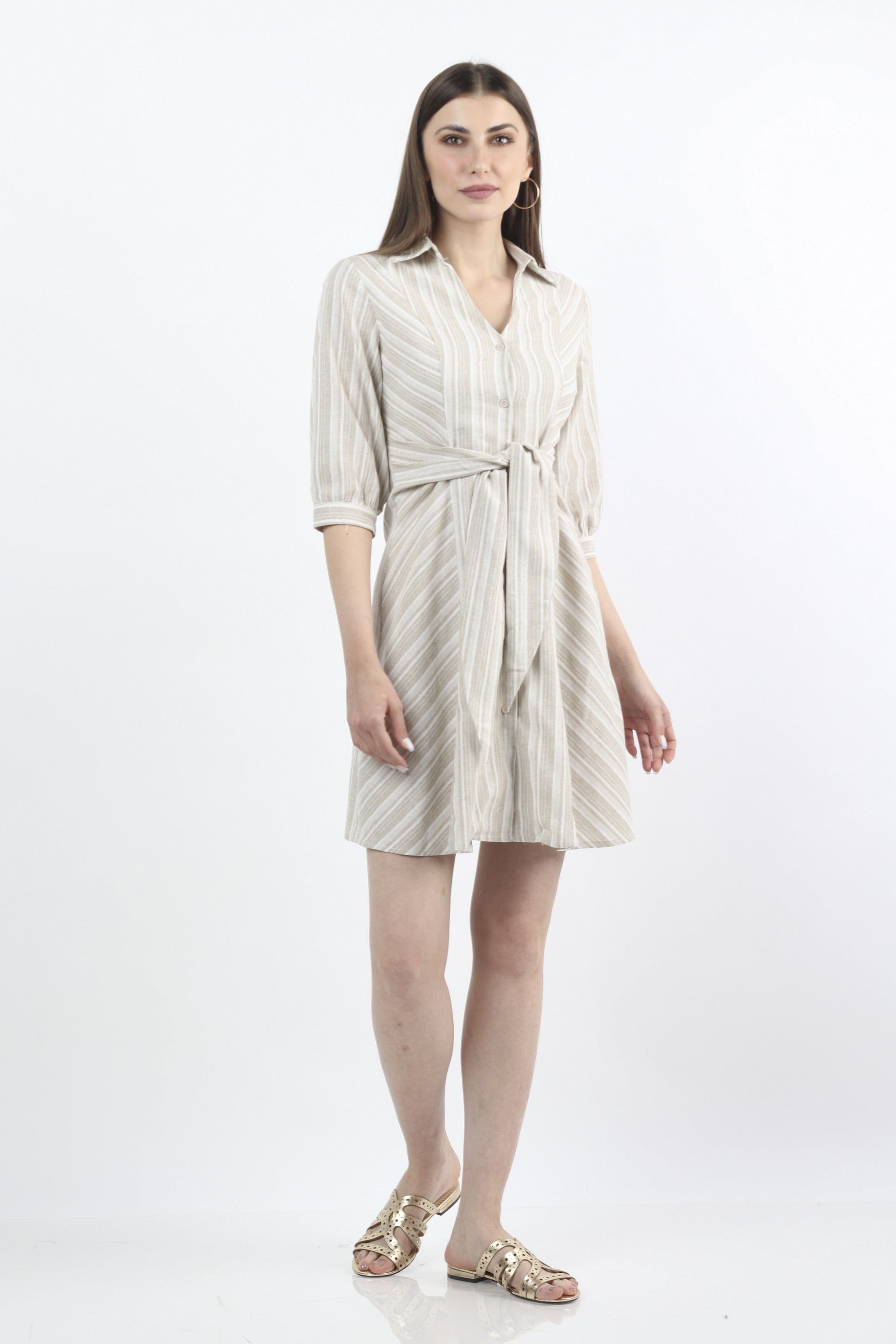 كيتشن فستان ميدي مخطط برباط على الخصر 3/4 كم بف