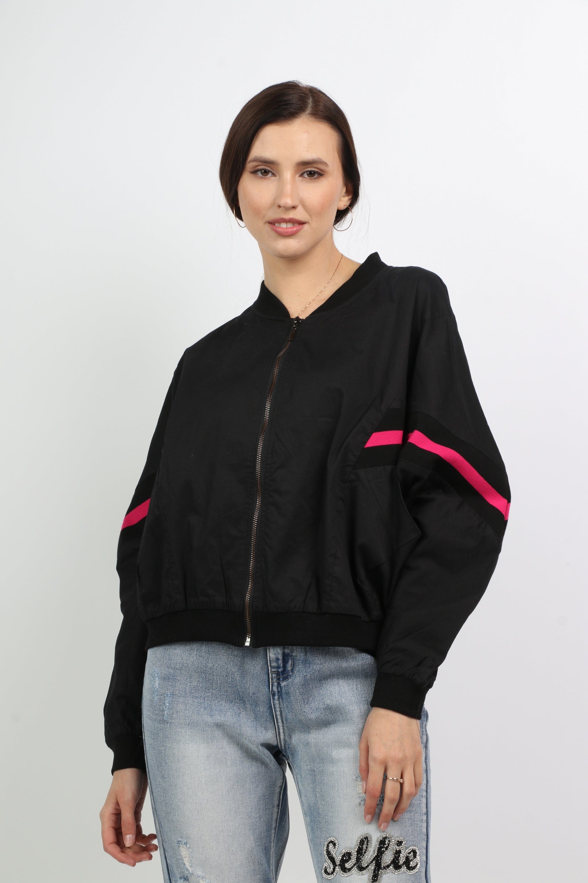 كيتشن جاكيت أوفر سايز بخط من الوسط مع سحاب كم طويل نسائي