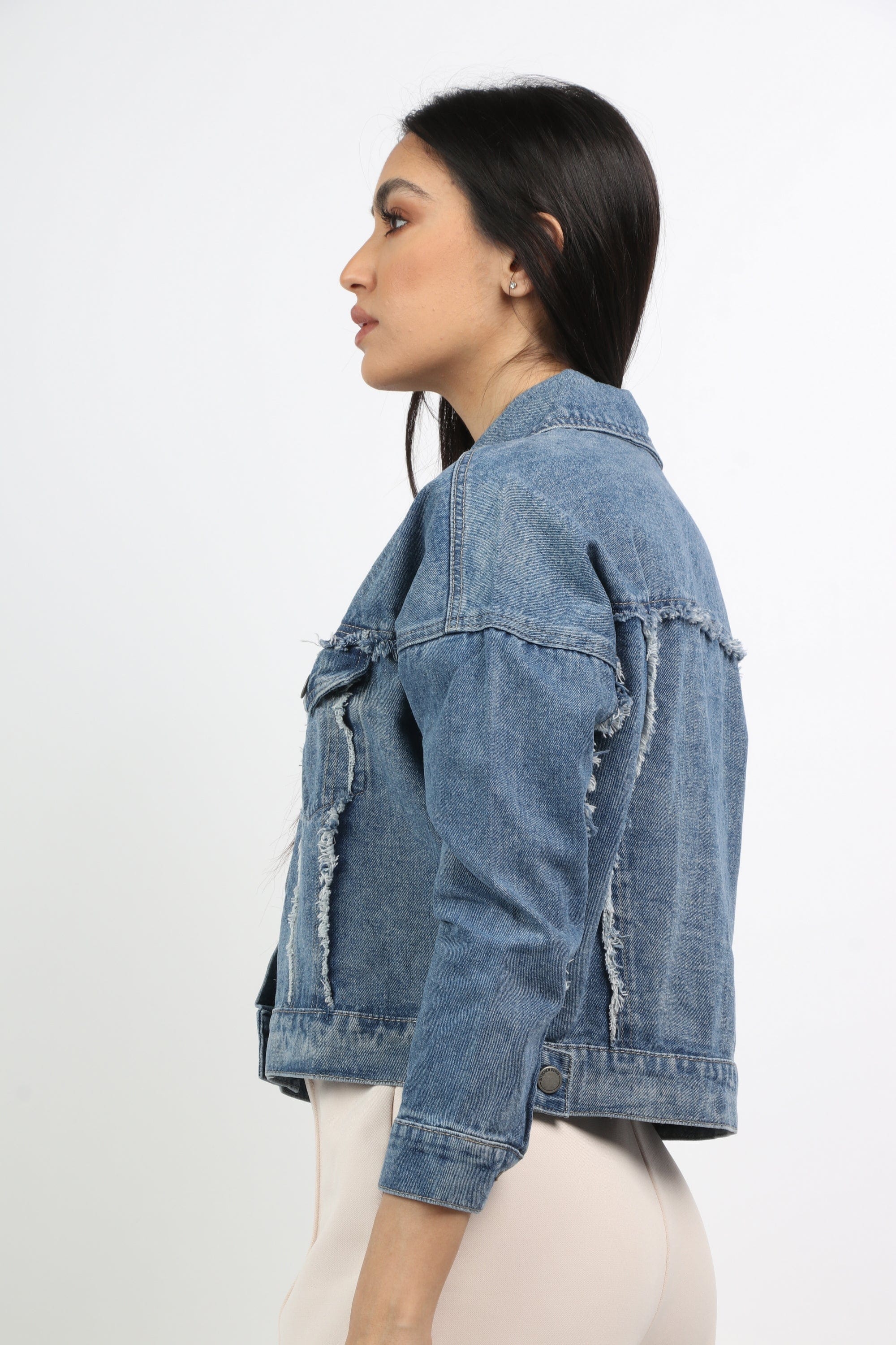 كيتشن جاكيت جينز بجيوب وأزرار أمامية وياقة كم طويلة نسائي أزرق