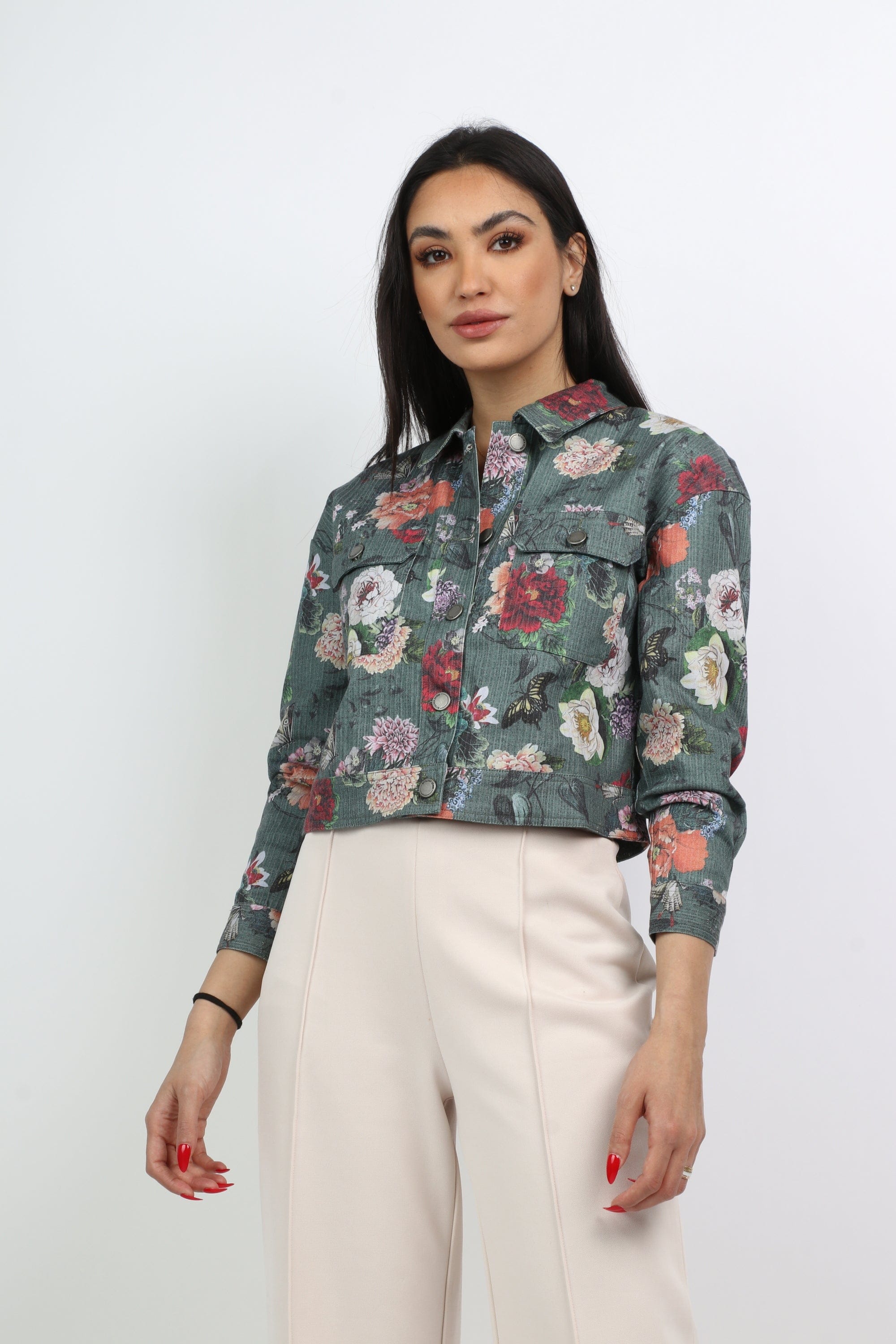 كيتشن جاكيت جينز مشجر نص بطن كم طويل نسائي أخضر