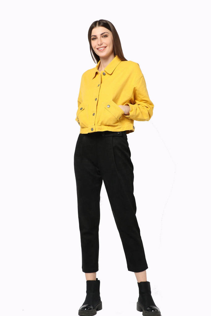 كيتشن جاكيت جينز قصير بأزرار أمامية وجيوب كم طويل نسائي أصفر الخردل