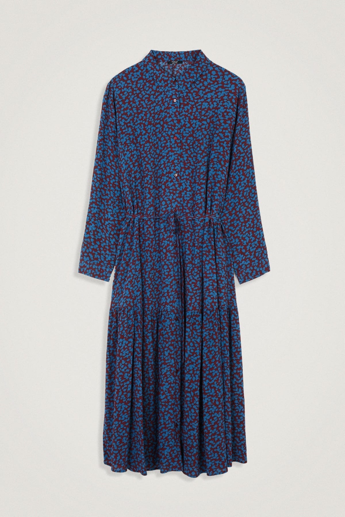 بارفوا فستان ميدي منقوش بحزام على الخصر بأزرار أمامية كم طويل بورغندي