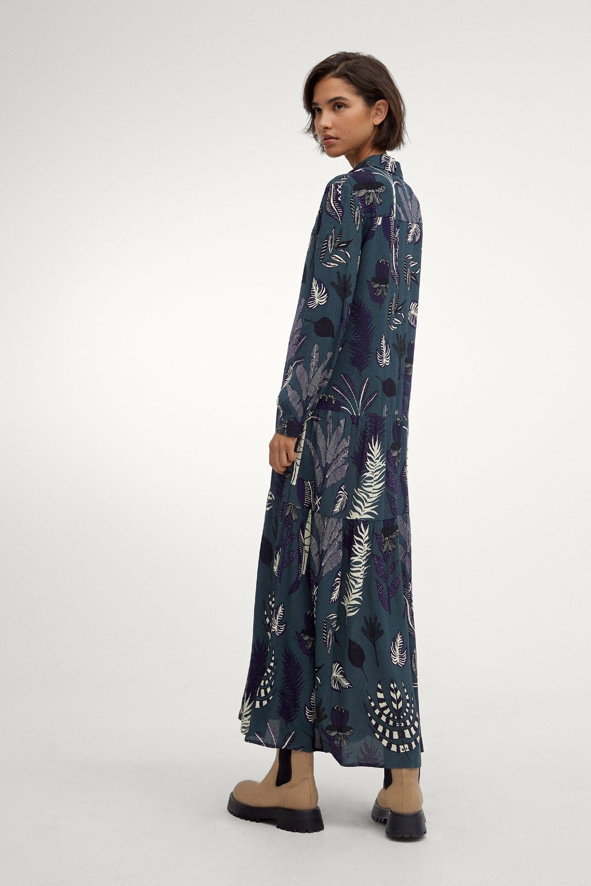 بارفوا فستان طويل كم طويل مشجر نسائي أخضر