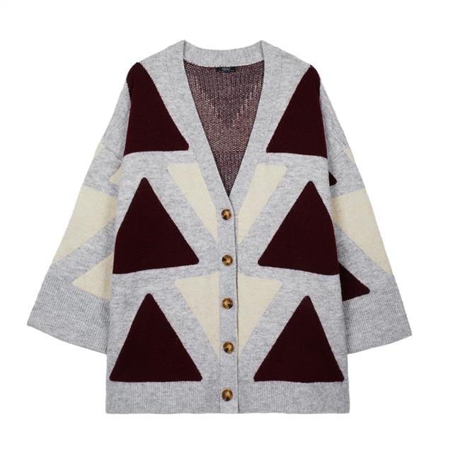 بارفوا كارديجان شتوي صوف نسائي مطبوع برسومات هندسية رمادي