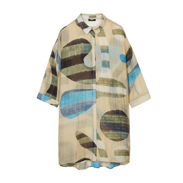 بارفوا فستان تصميم قميص نسائي طويل بكم 3/4 مطبوع بيج