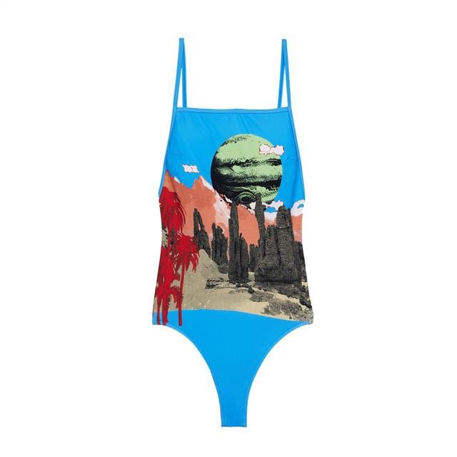 بارفوا مايوه سباحة قطعة واحدة نسائي بحمالات مطبوعة أزرق