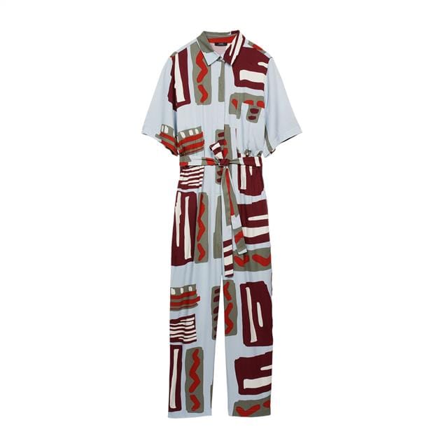 بارفوا جمبسوت نص كم مطبوع برباط على الخصر أزرق