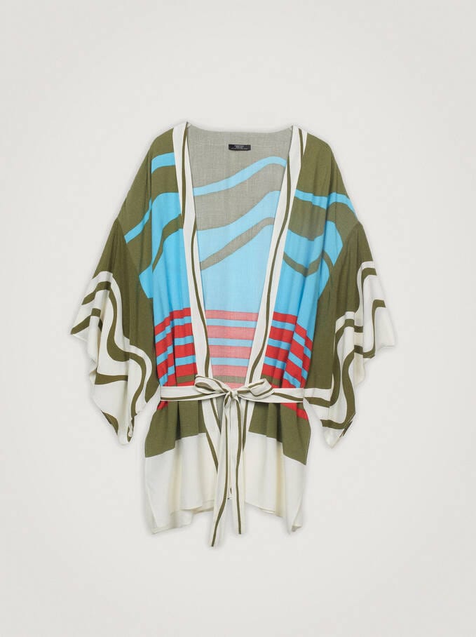 بارفوا كيمونو ملون نسائي ملحق بجيب أمامي أزرق