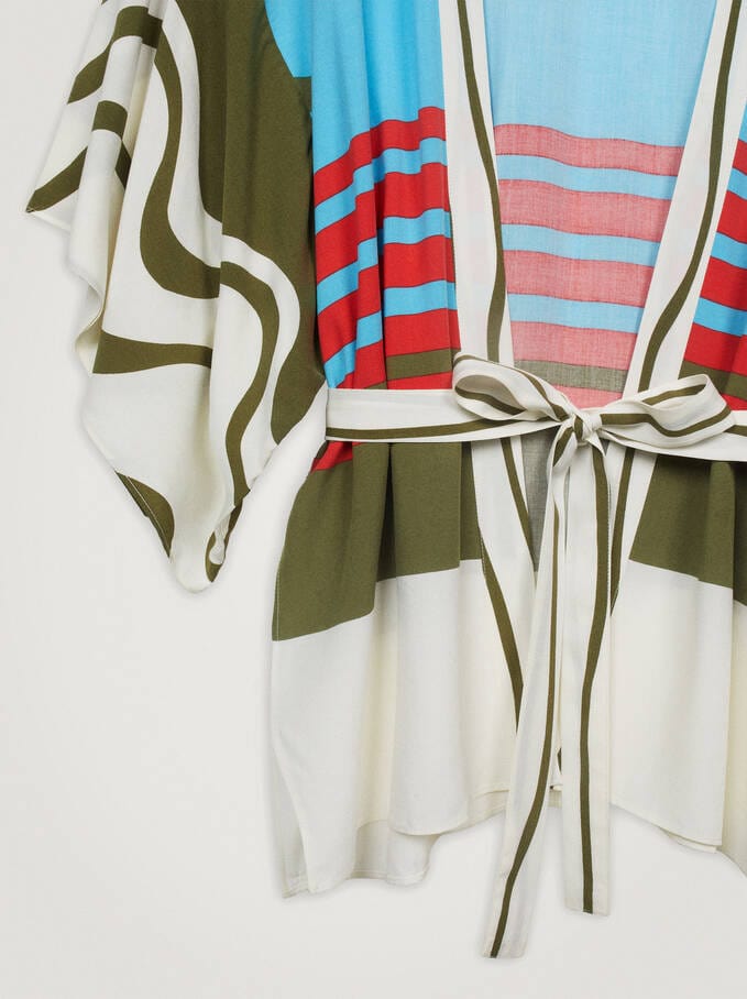 بارفوا كيمونو ملون نسائي ملحق بجيب أمامي أزرق