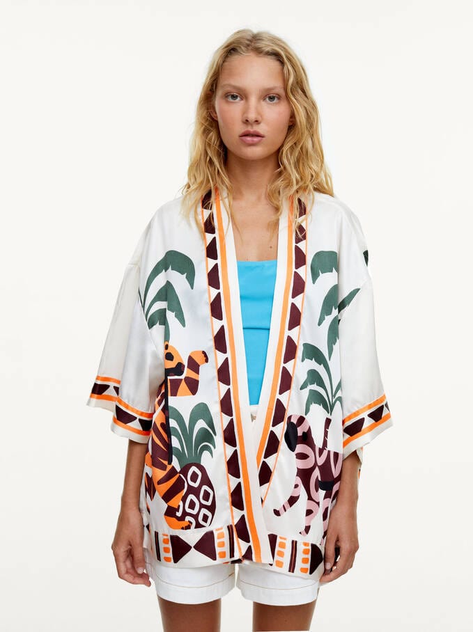 بارفوا كيمونو نسائي قصير مشجر بيج فاتح