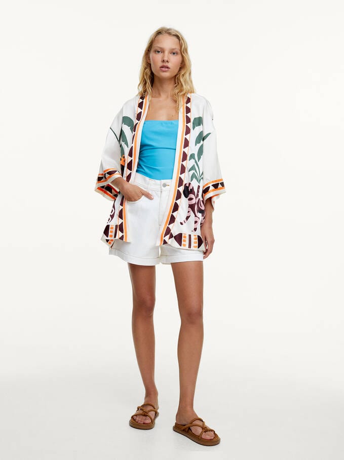 بارفوا كيمونو نسائي قصير مشجر بيج فاتح