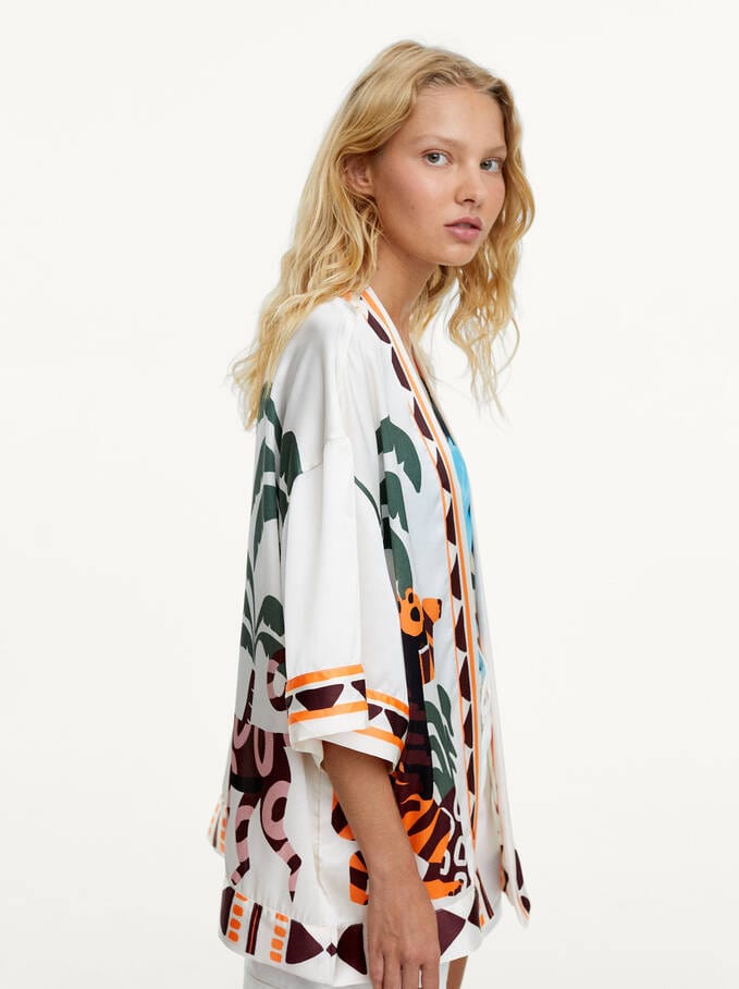 بارفوا كيمونو نسائي قصير مشجر بيج فاتح