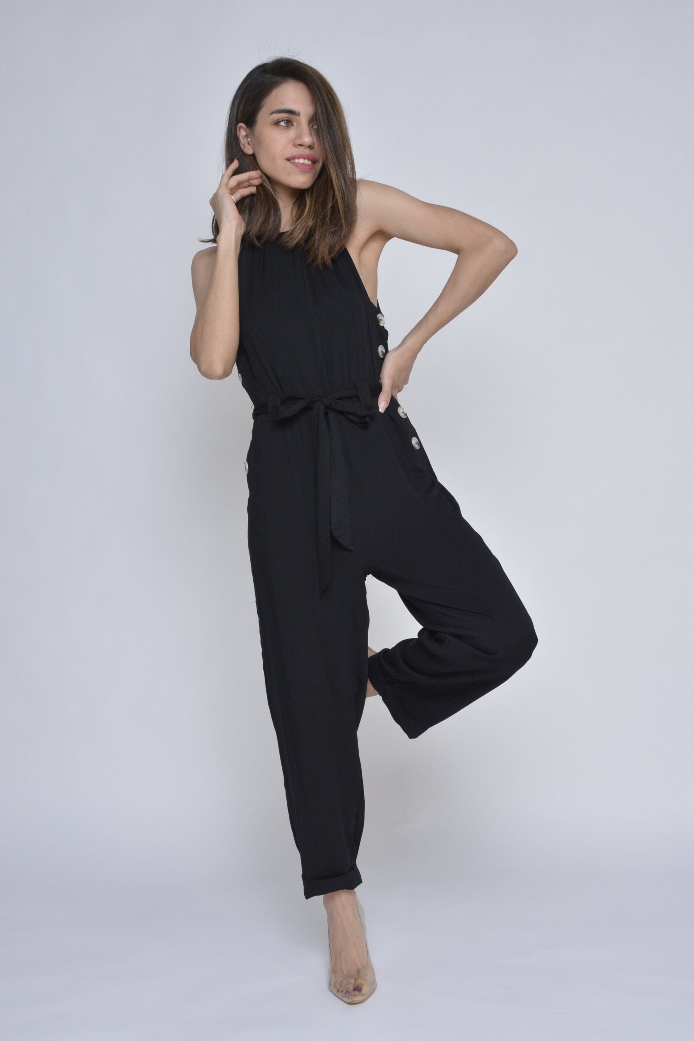 كيتشن جمبسوت سادة بحزام على الخصر بزراير جانبية طويلة نسائي