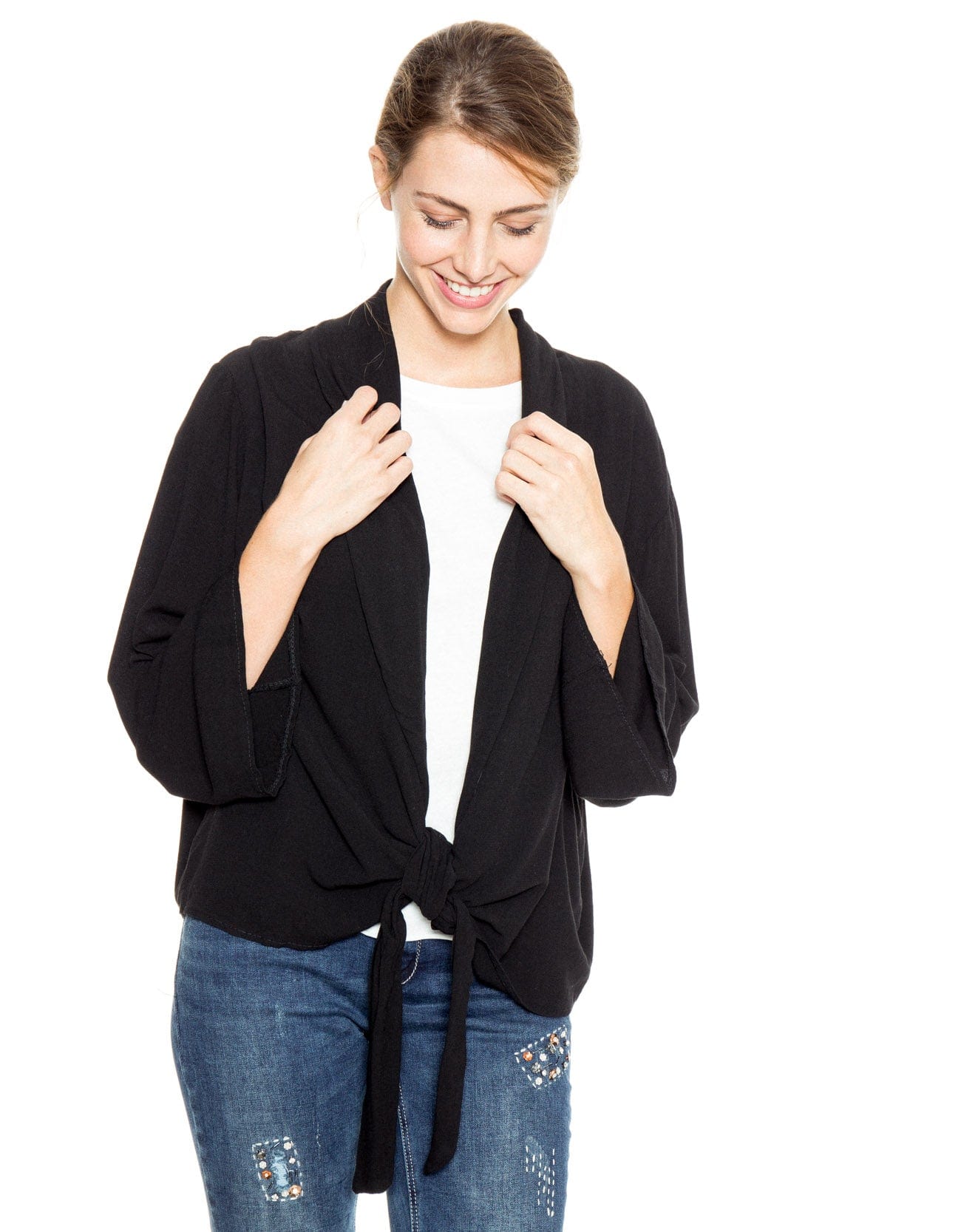 شانا جاكيت سادة بربطة أمامية كم طويل أسود