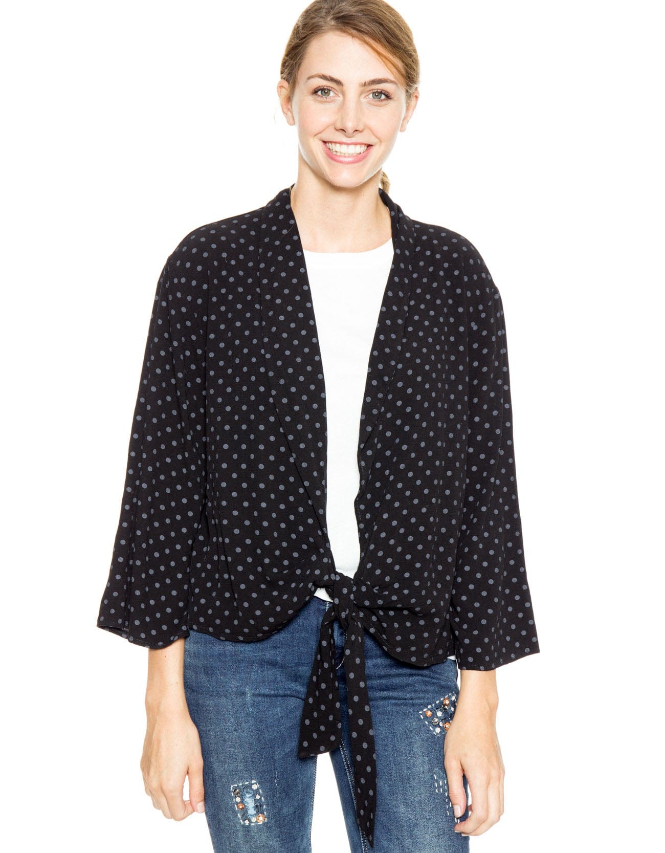 شانا جاكيت منقط كم طويل برباط أمامي أسود