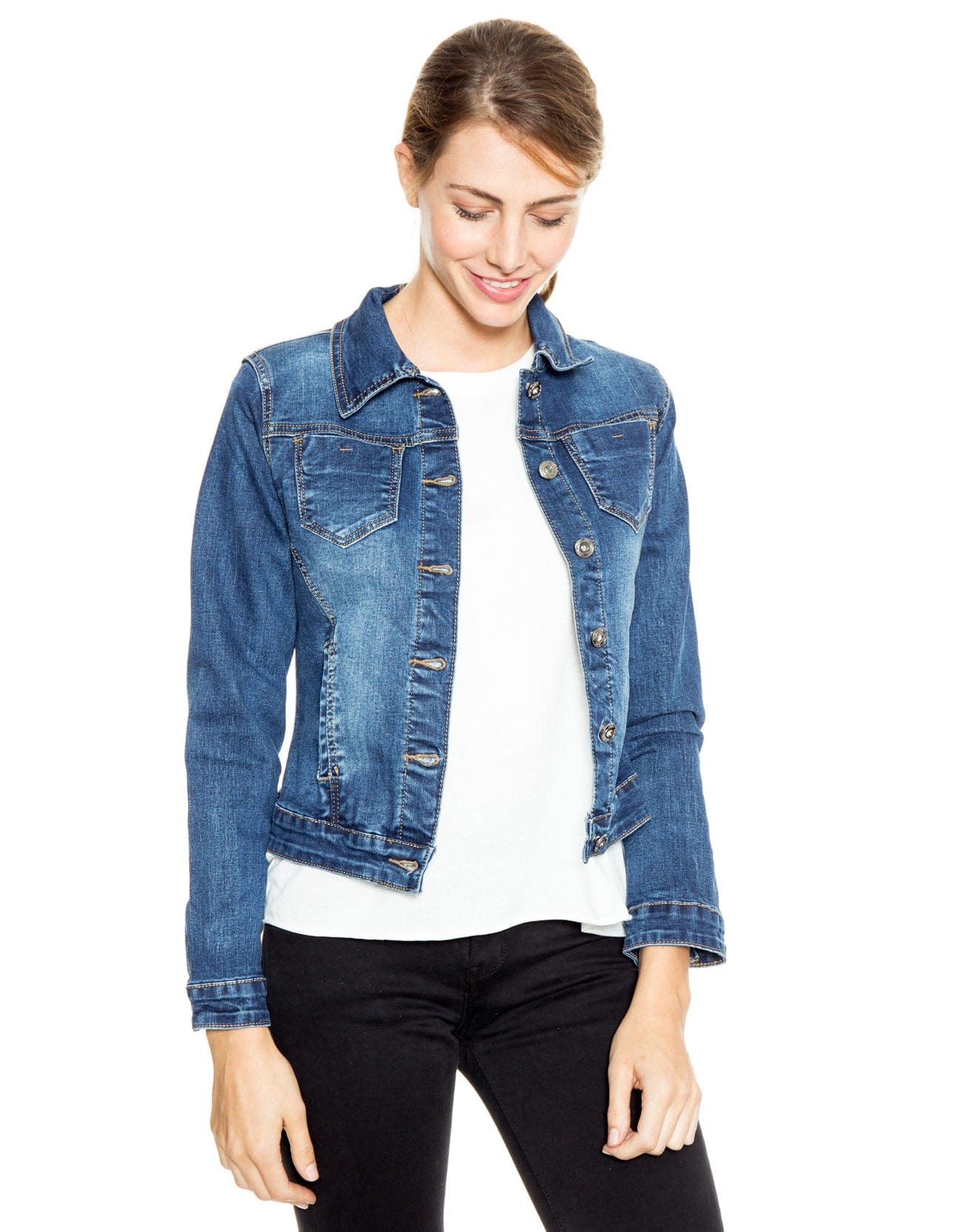 شانا جاكيت جينز بأزرار أمامية كم طويل وردي