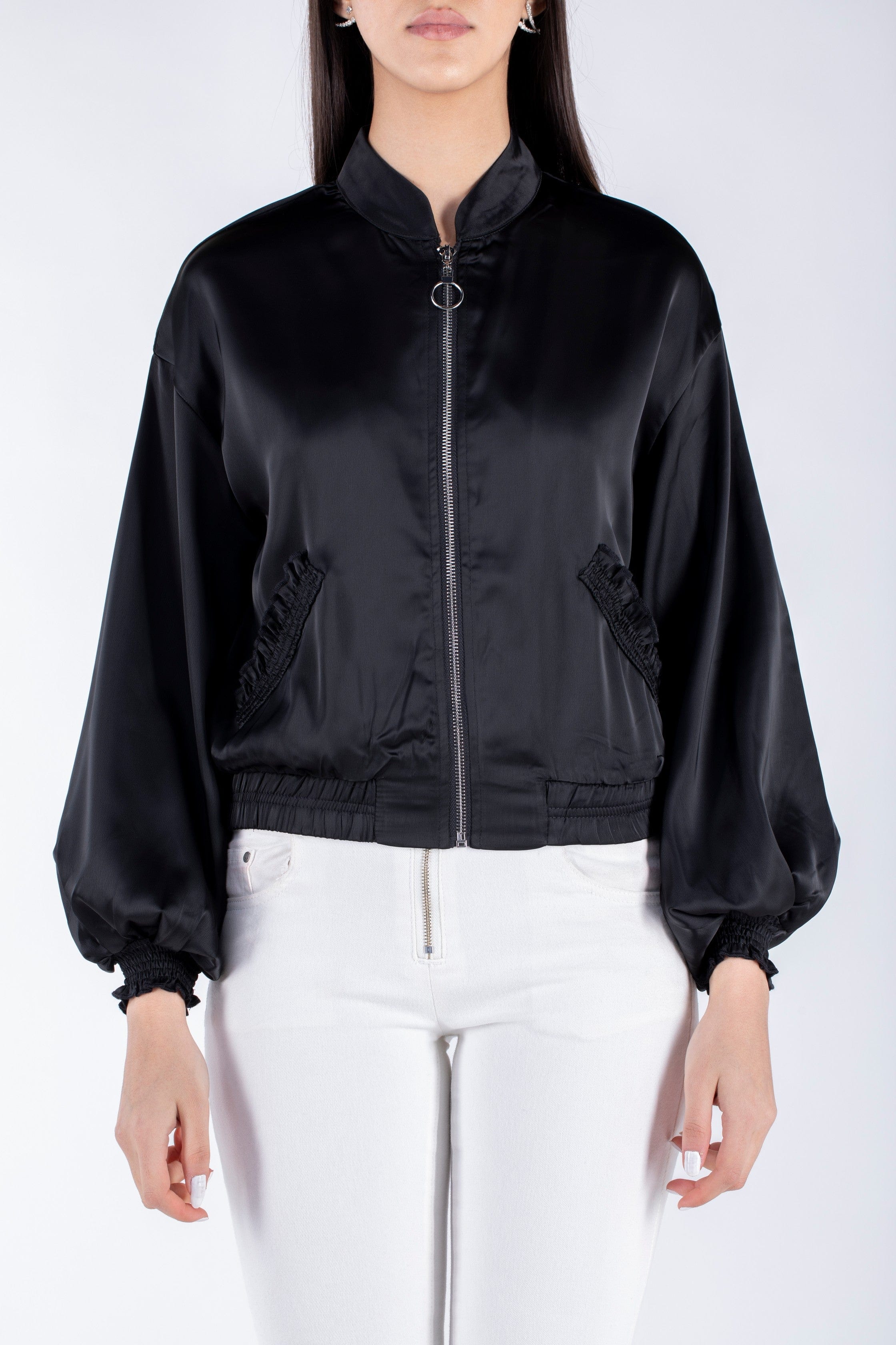 نتشي سترة سادة بسحاب وجيوب بأكمام طويلة