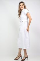 داليدرس فستان ميدي بنمط قميص سادة مخصر كم قصير