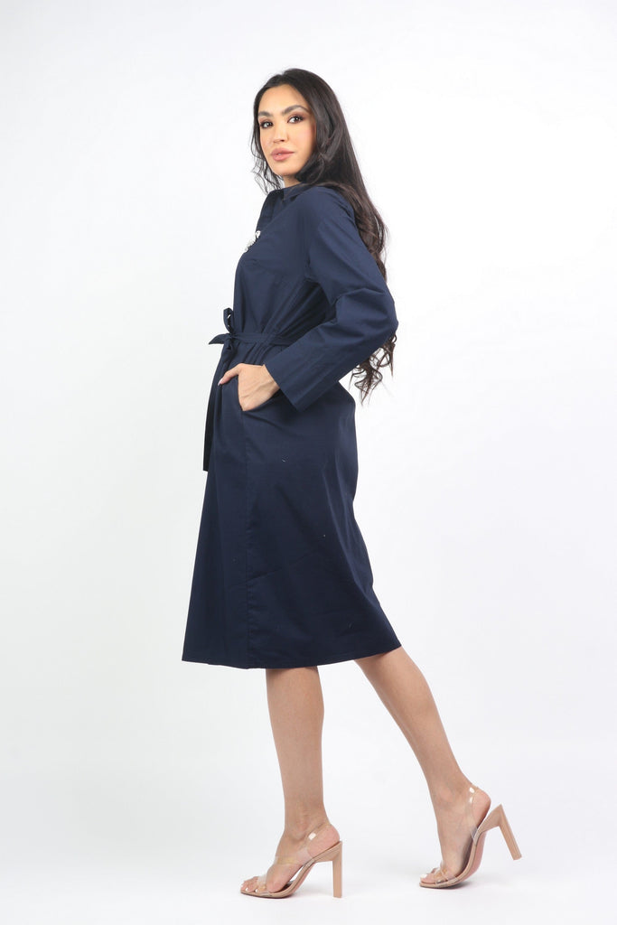 داليدرس فستان قميص قصير بأزرار أمامية وحزام خصر كم طويل أزرق غامق