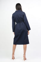 داليدرس فستان قميص قصير بأزرار أمامية وحزام خصر كم طويل أزرق غامق