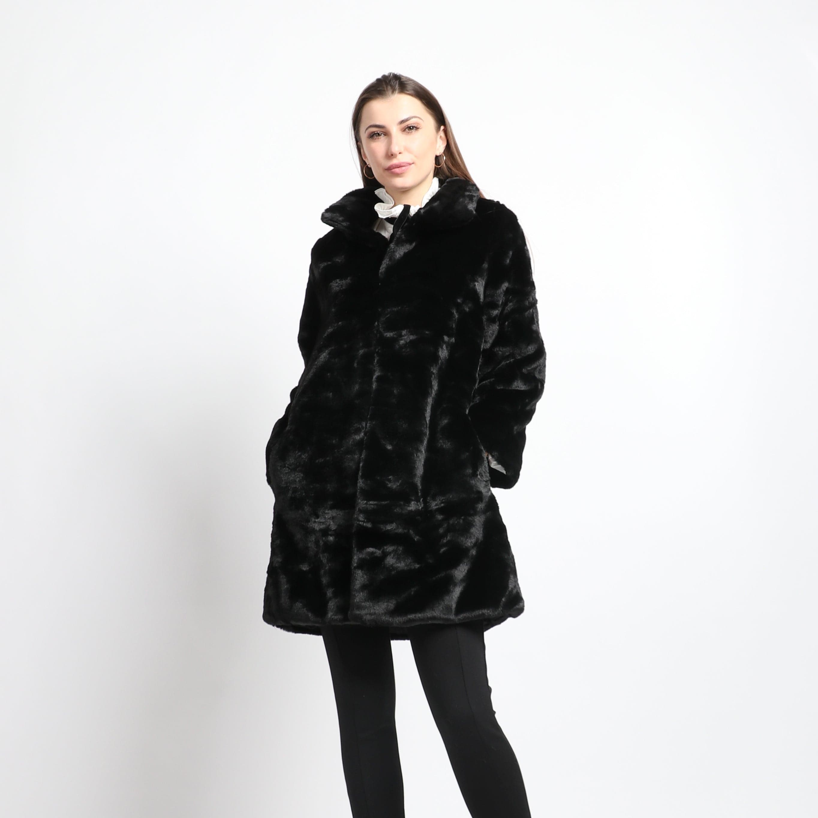 داليدرس جاكيت فرو طويل كم طويل نسائي أسود