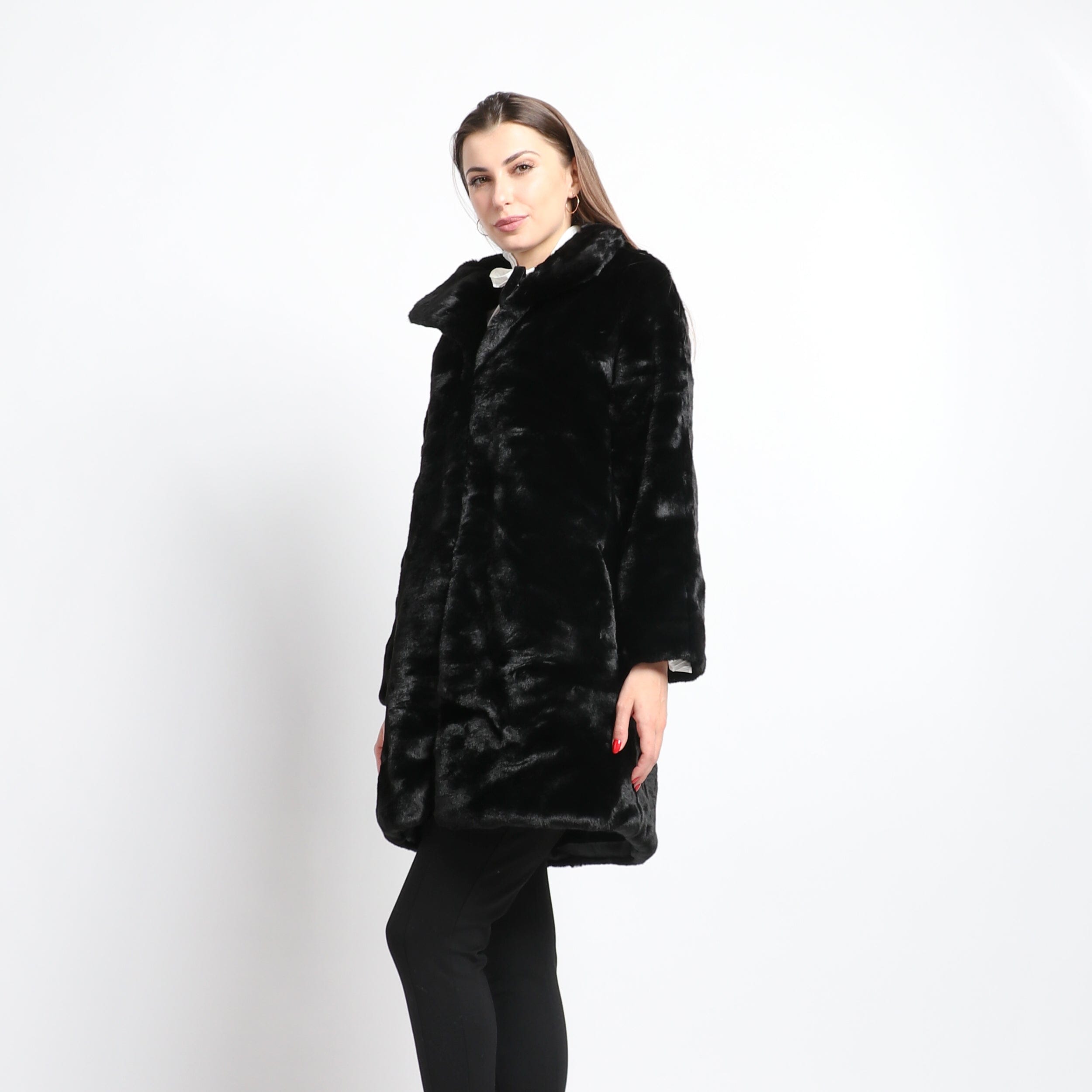 داليدرس جاكيت فرو طويل كم طويل نسائي أسود