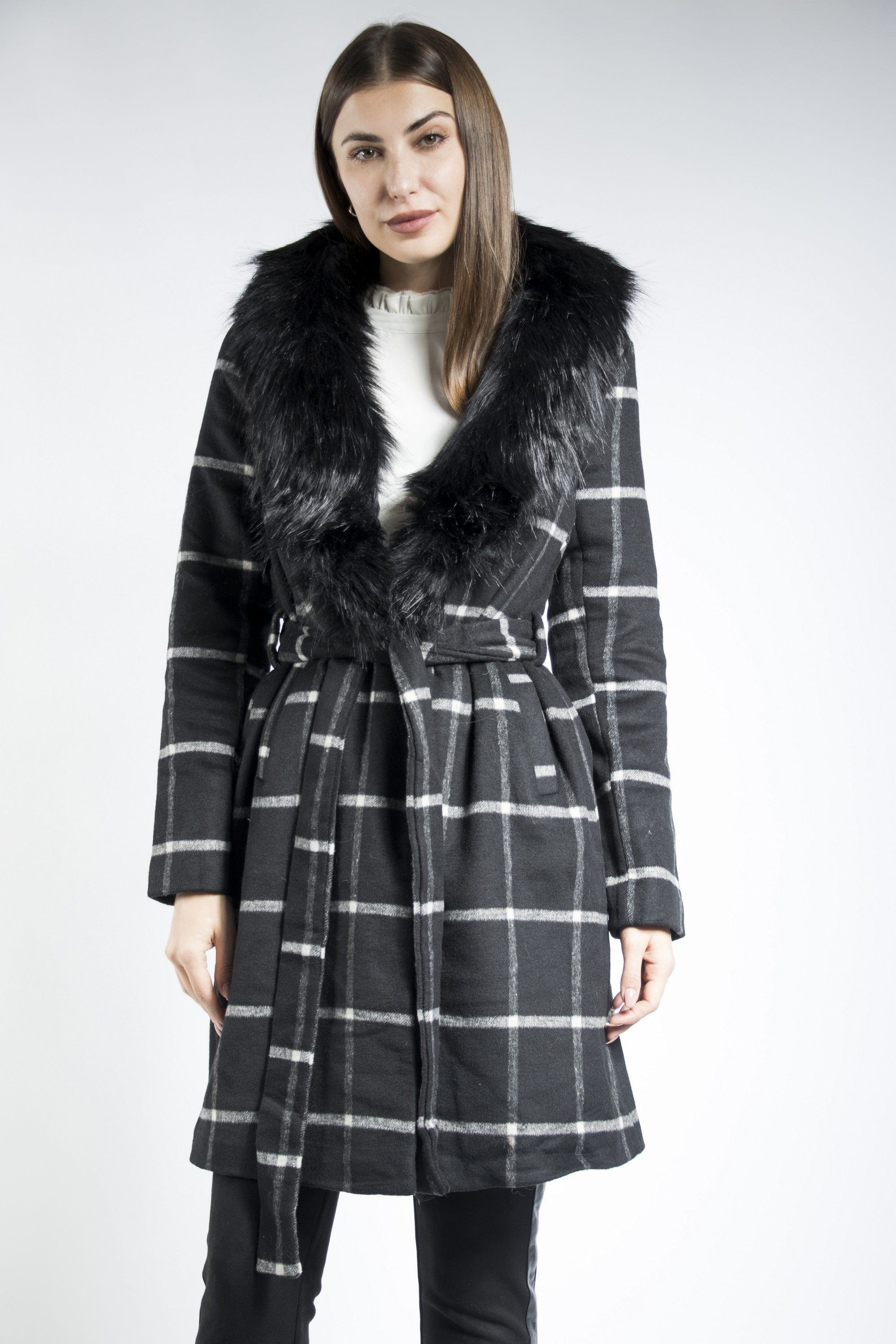 داليدرس جاكيت طويل مربعات مزين بالفرو كم طويل أسود