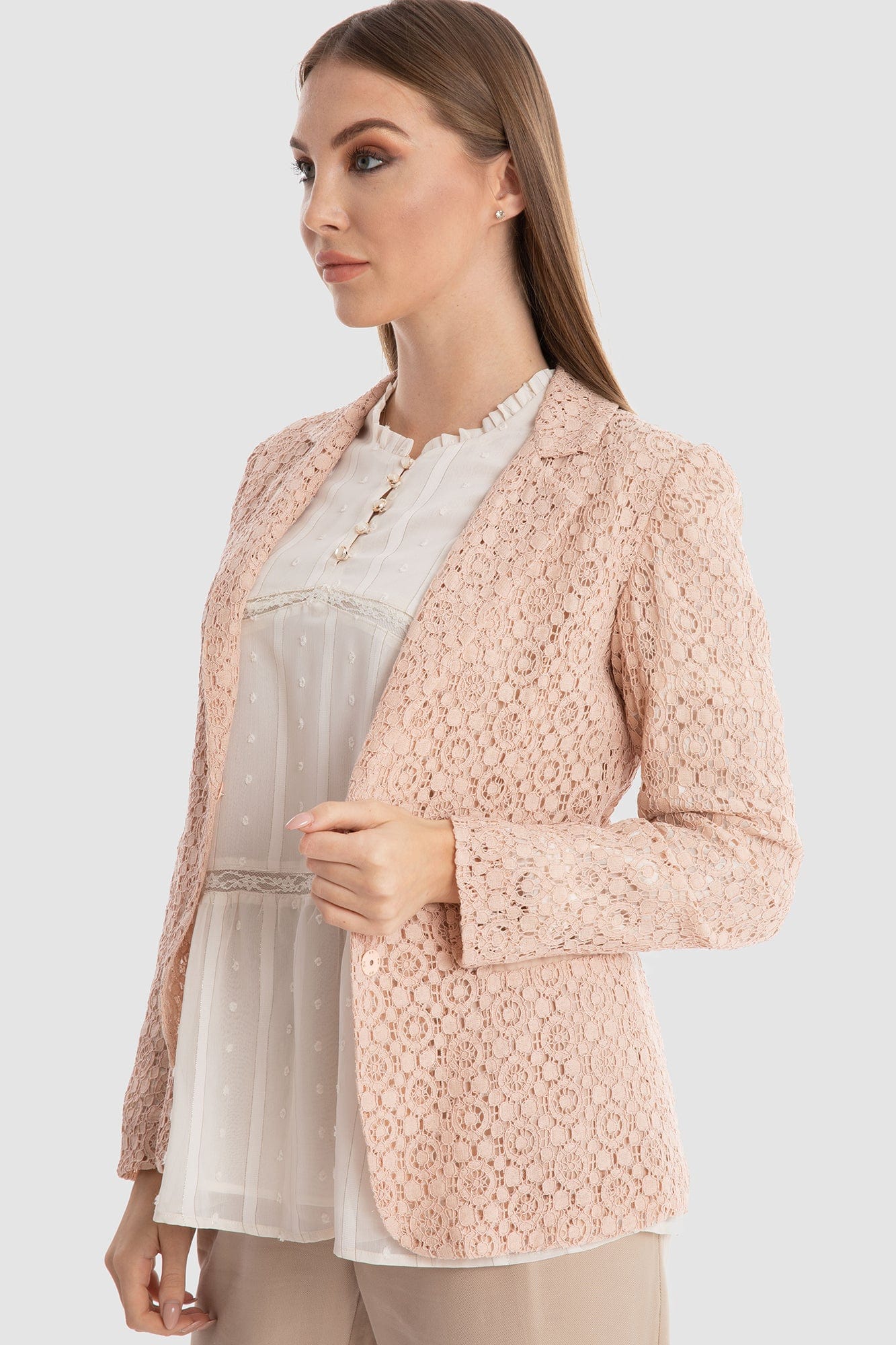 داليدرس جاكيت نسائي قصير دانتيل كم طويل نسائي وردي