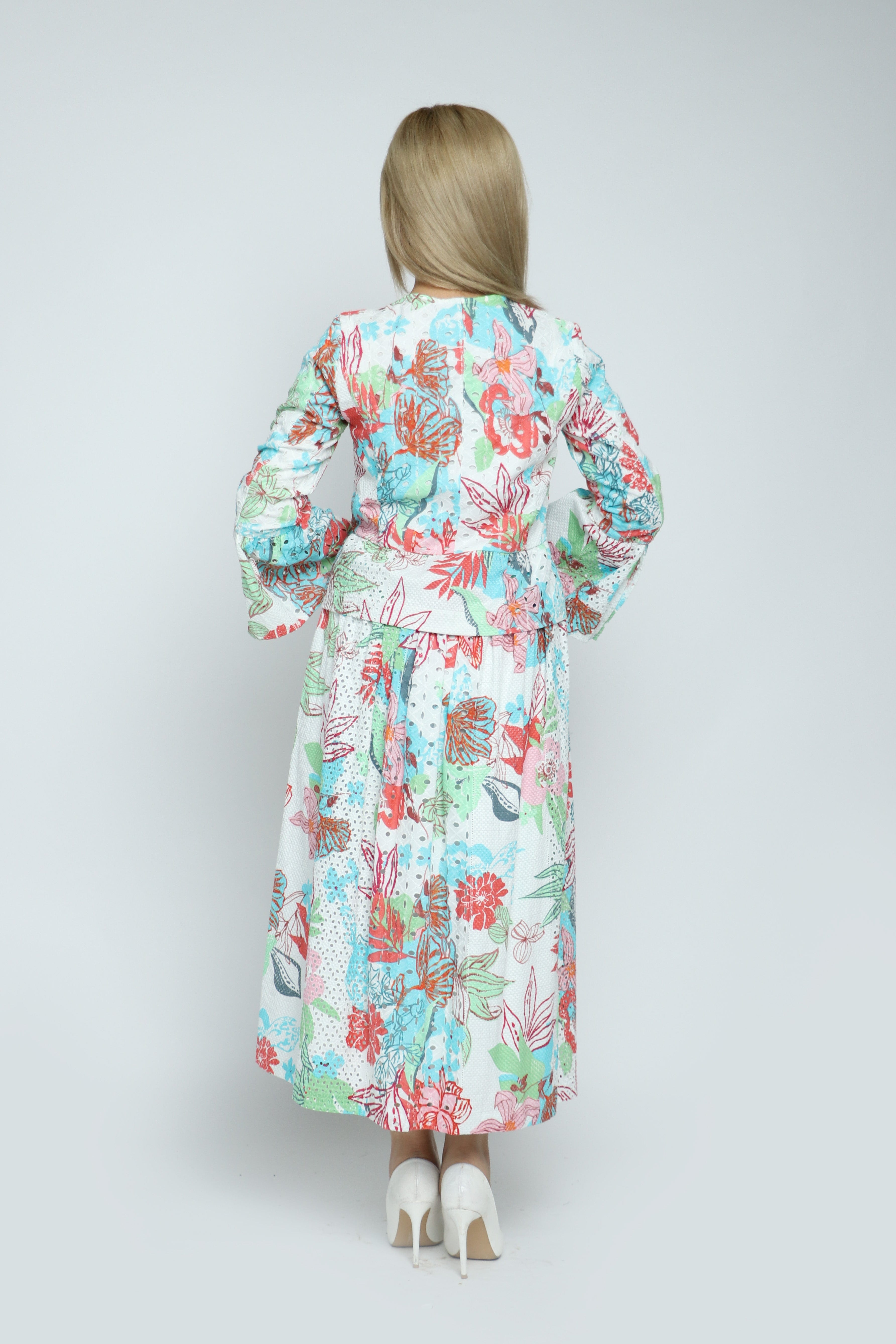 داليدرس جاكيت منقوش بنقشة ورود كم طويل نسائي متعدد الألوان