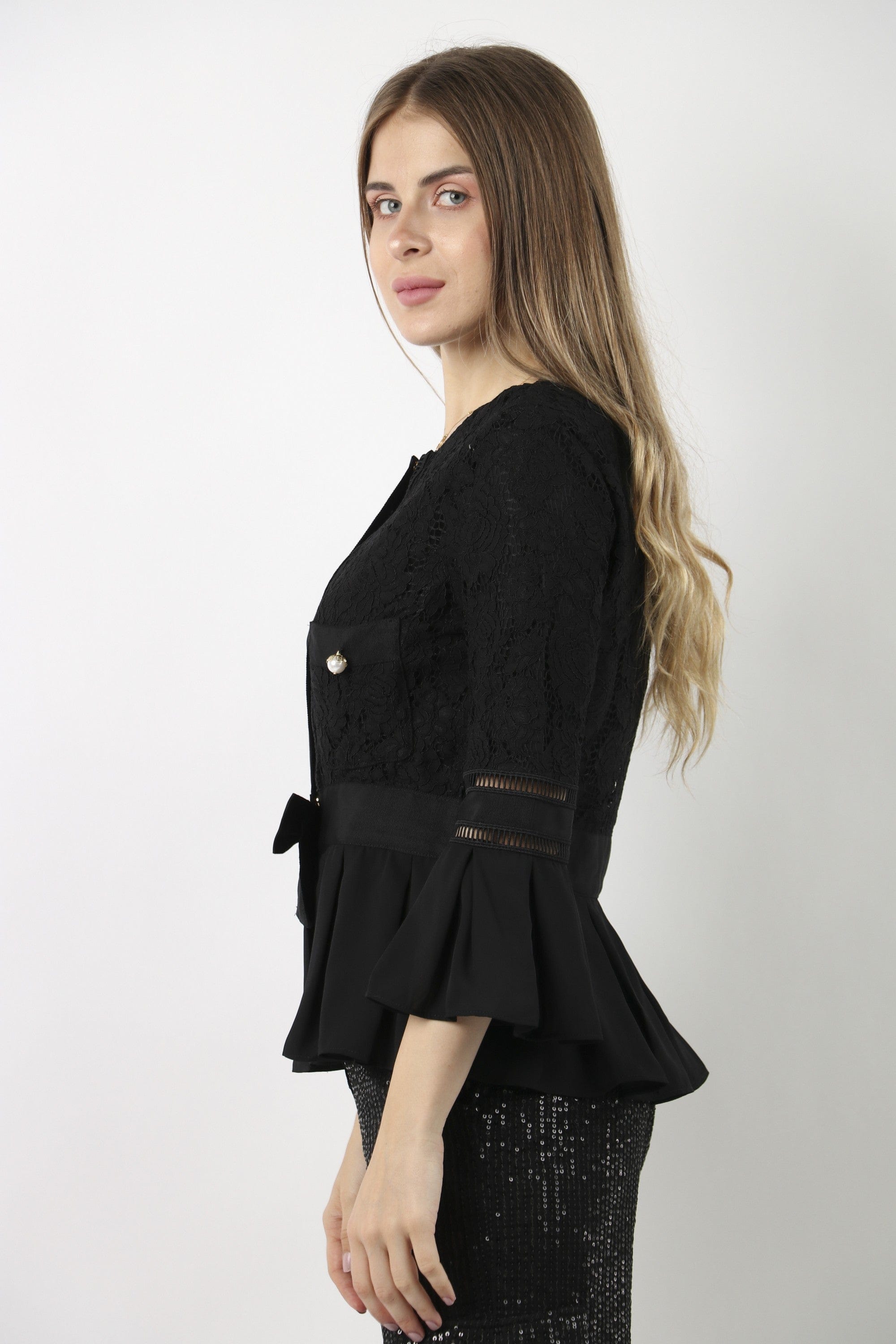 داليدرس جاكيت دانتيل مزين بفيونكة أمامية نسائي