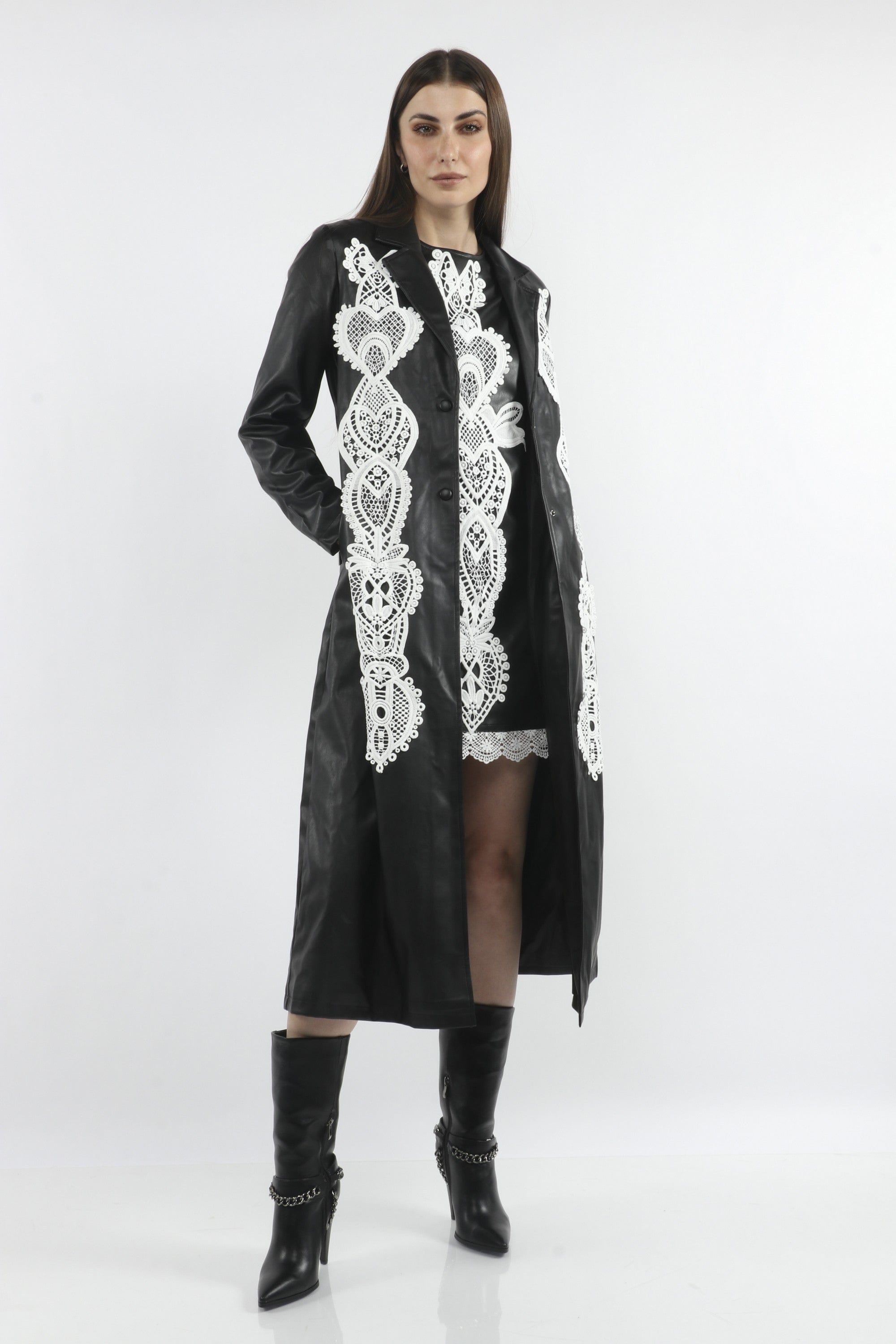 داليدرس جاكيت جلد طويل مزين بالدانتيل نسائي كم طويل أسود