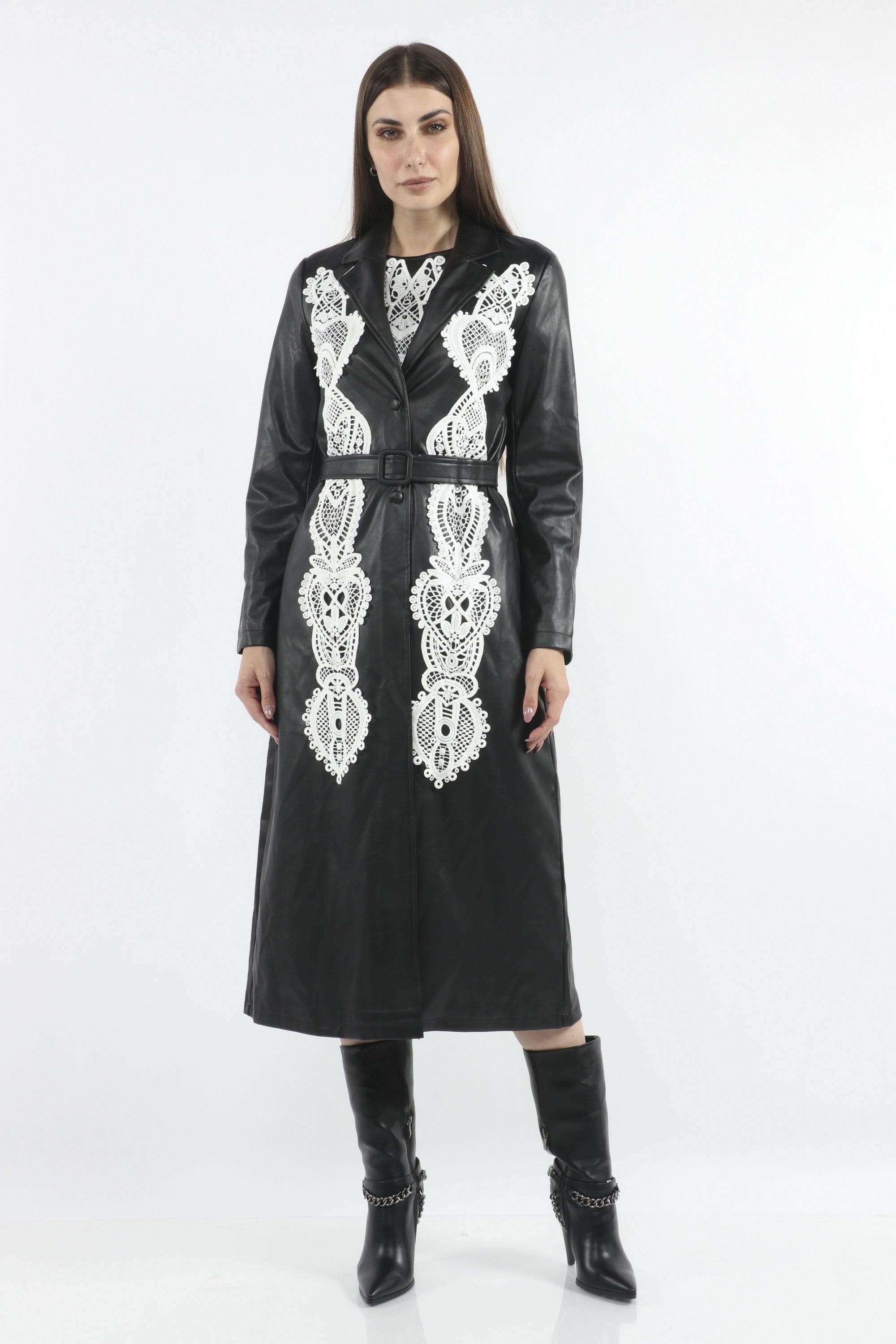 داليدرس جاكيت جلد طويل مزين بالدانتيل نسائي كم طويل أسود