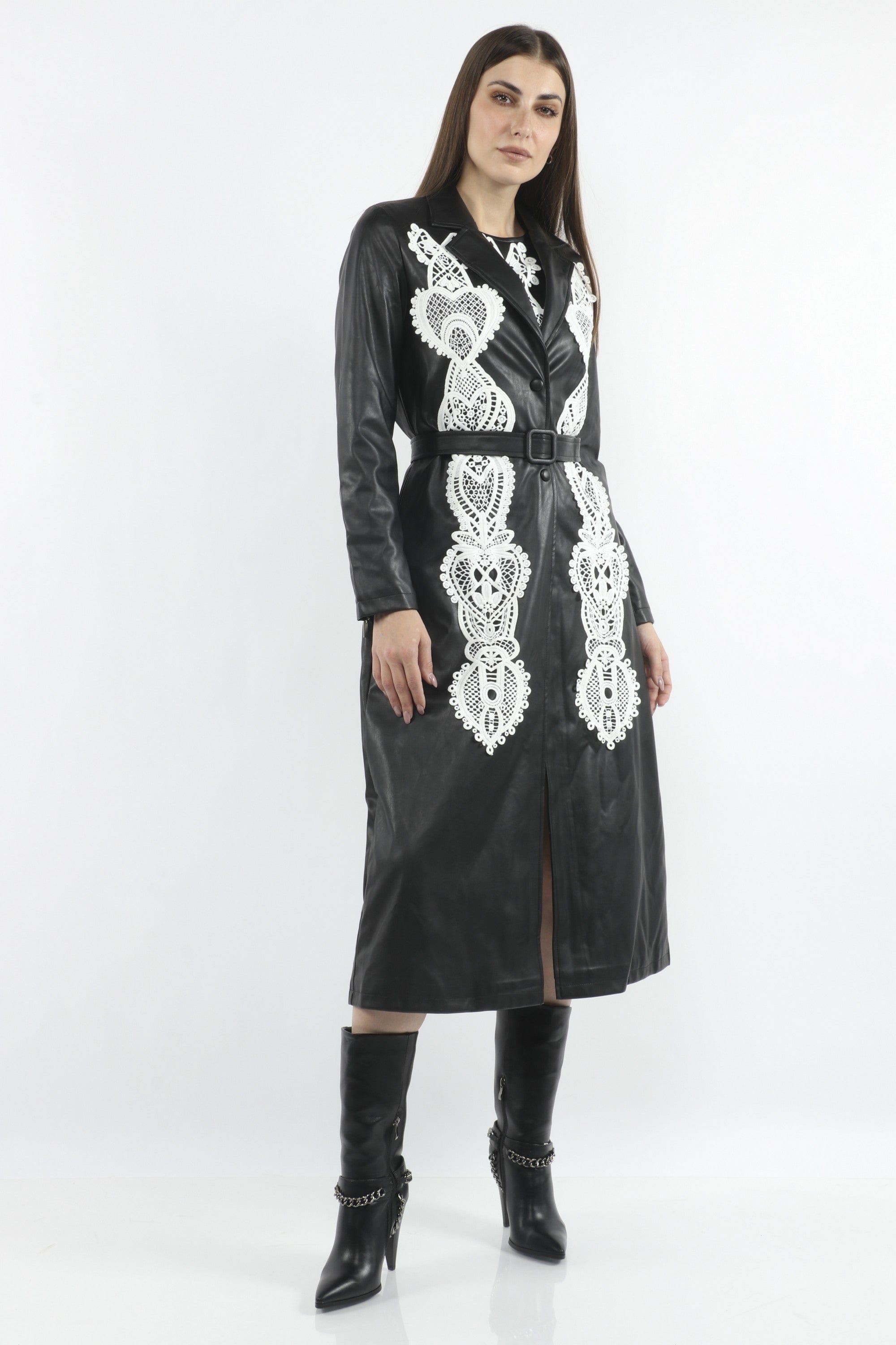 داليدرس جاكيت جلد طويل مزين بالدانتيل نسائي كم طويل أسود