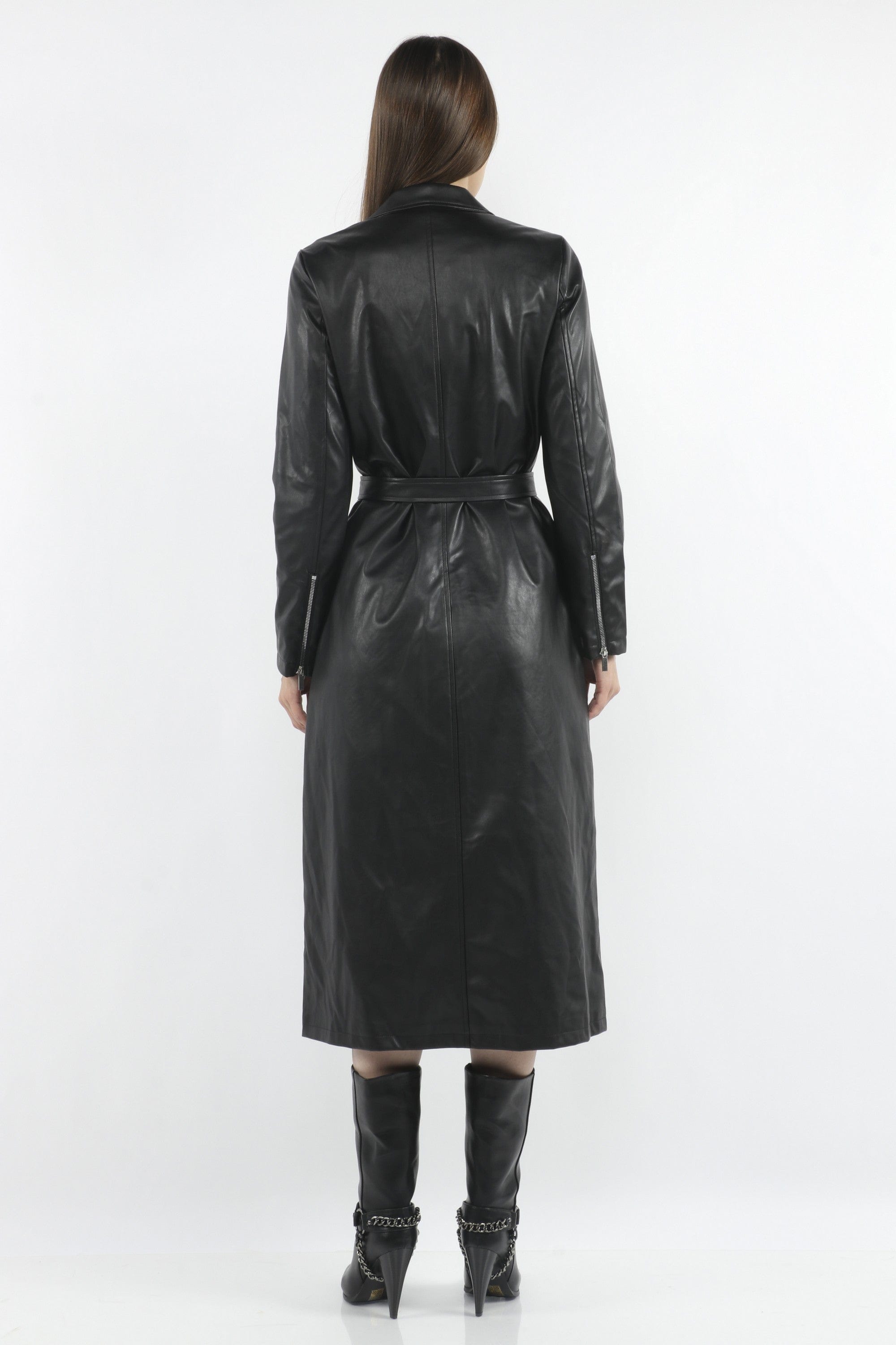 داليدرس جاكيت جلد طويل مزين بالدانتيل نسائي كم طويل أسود