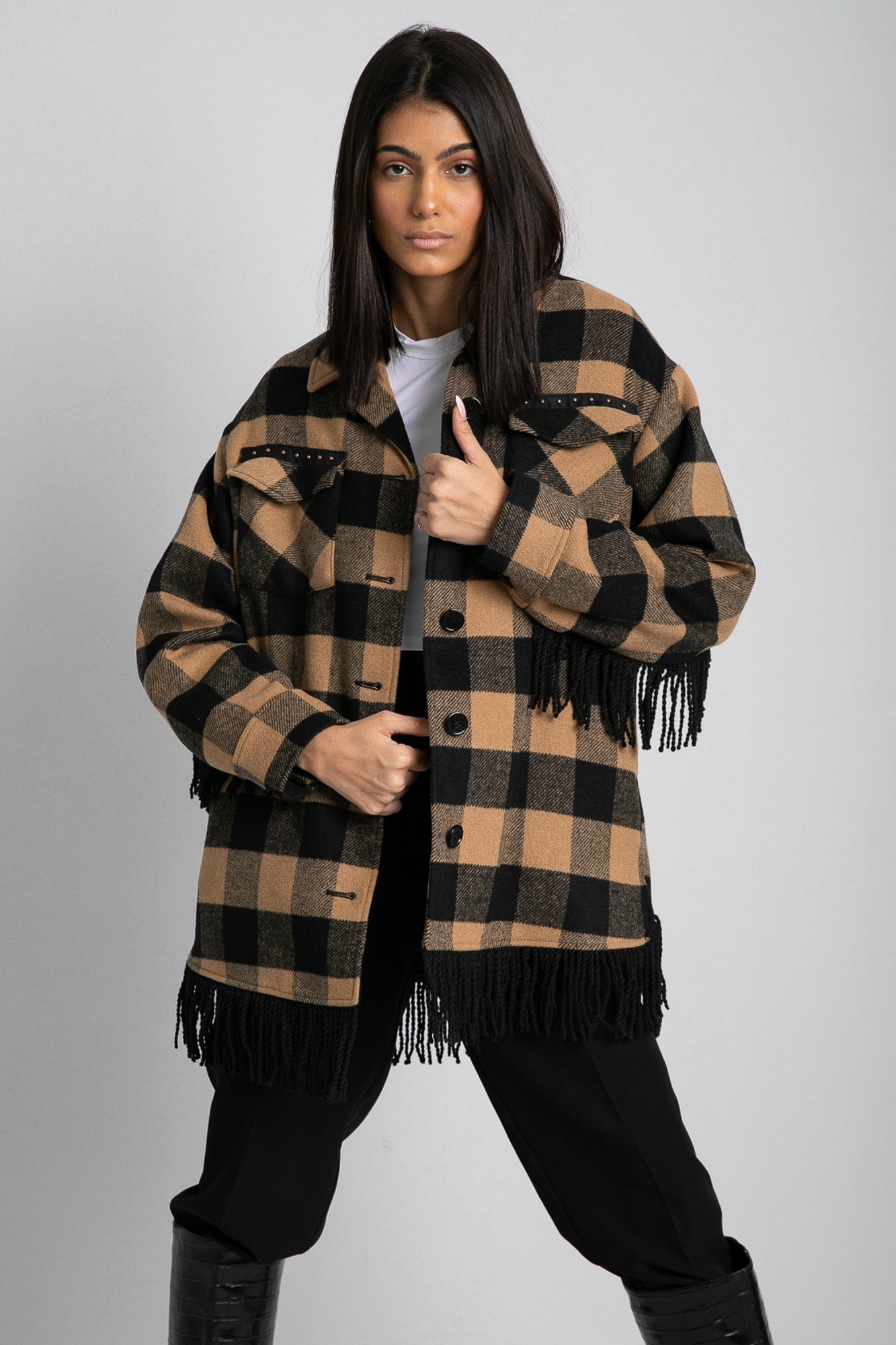 داليدرس جاكيت واسع طويل كم طويل بنمط مربعات نسائي جملي