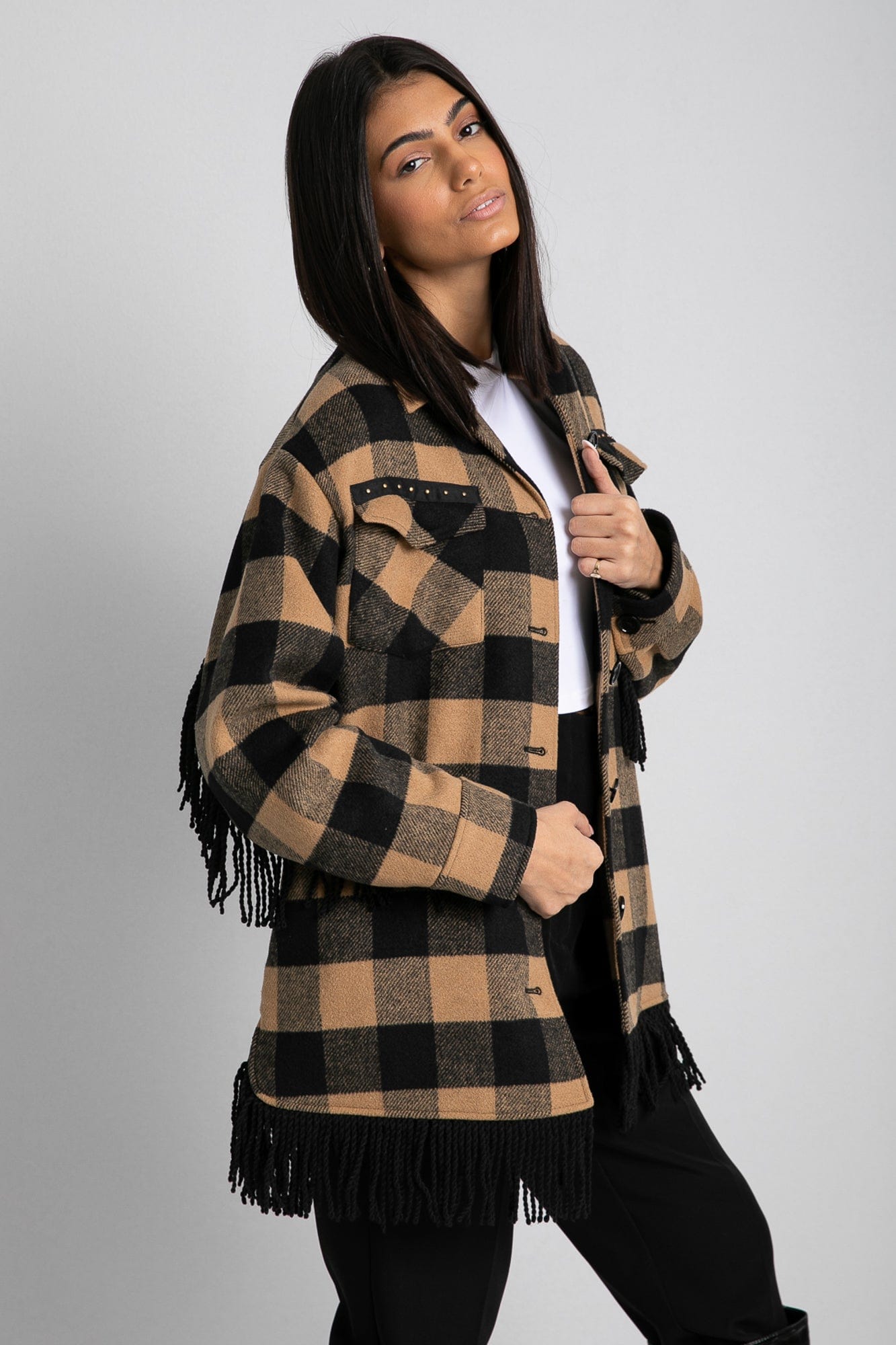 داليدرس جاكيت واسع طويل كم طويل بنمط مربعات نسائي جملي