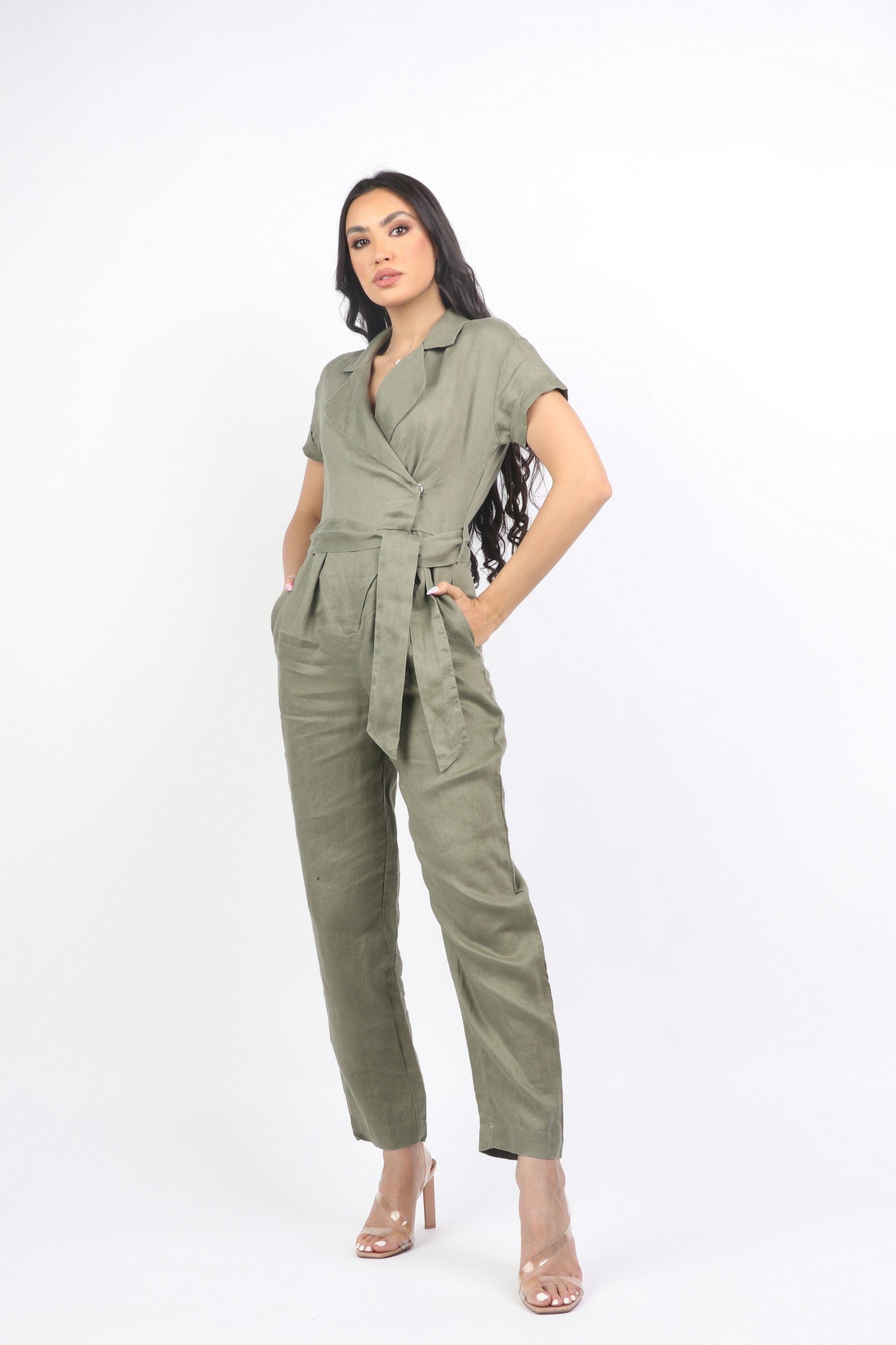 داليدرس جمبسوت سادة طويل كم قصير مخصر بربطة خصر زيتوني