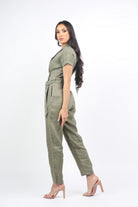 داليدرس جمبسوت سادة طويل كم قصير مخصر بربطة خصر زيتوني