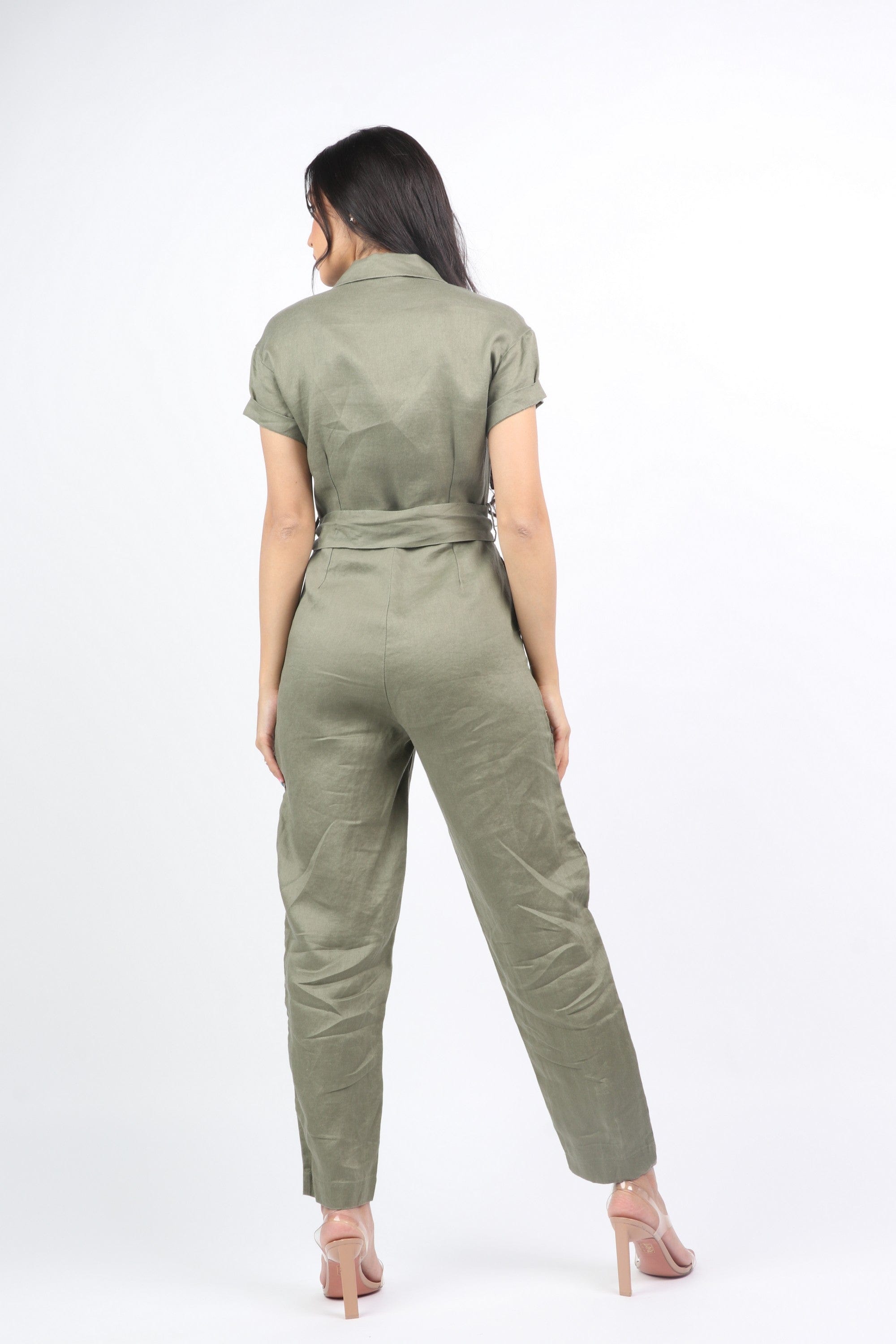 داليدرس جمبسوت سادة طويل كم قصير مخصر بربطة خصر زيتوني