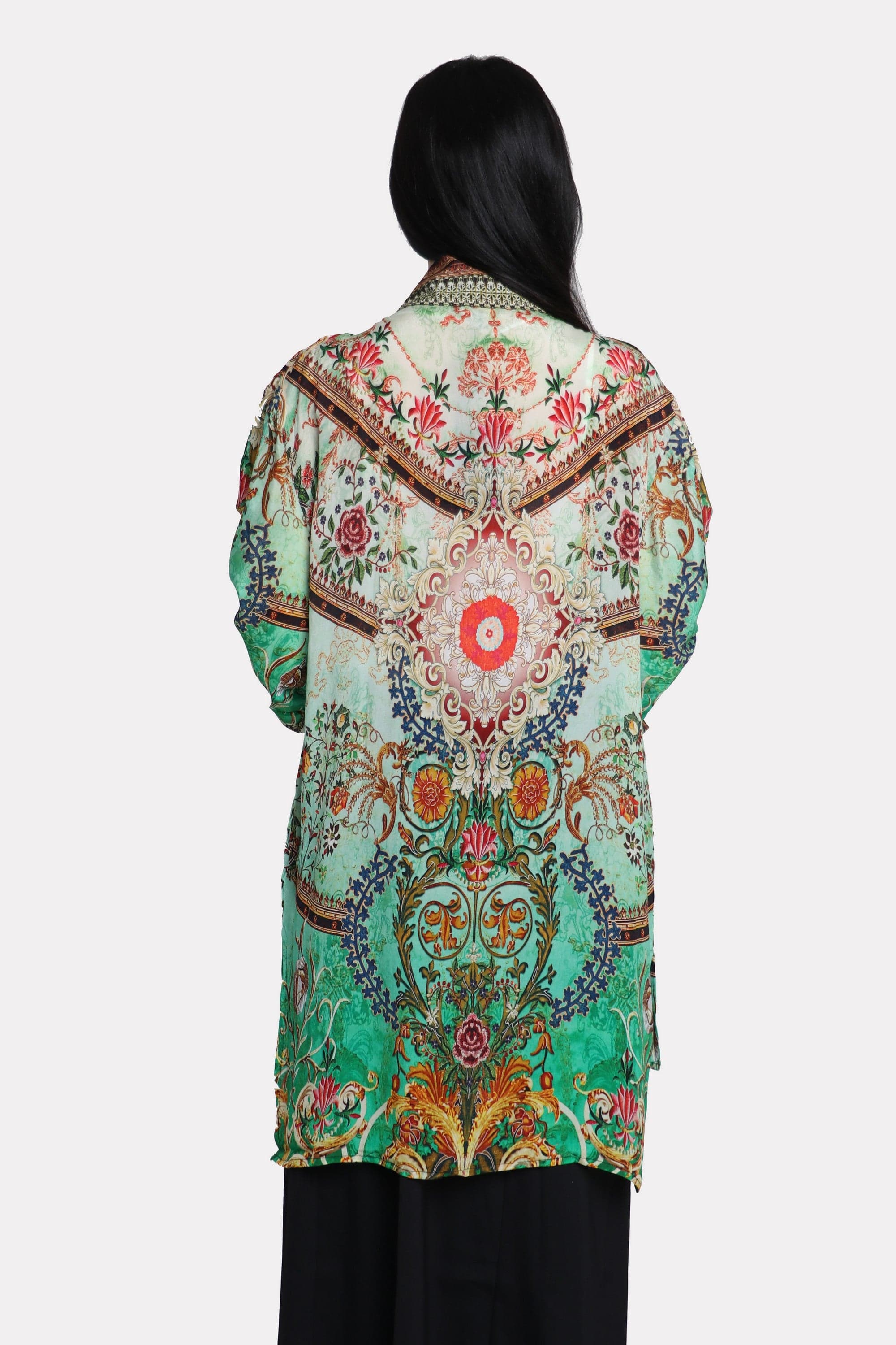 داليدرس كيمونو منقوش 3/4 كم مفتوح مزين بالخيوط نسائي أخضر/أبيض