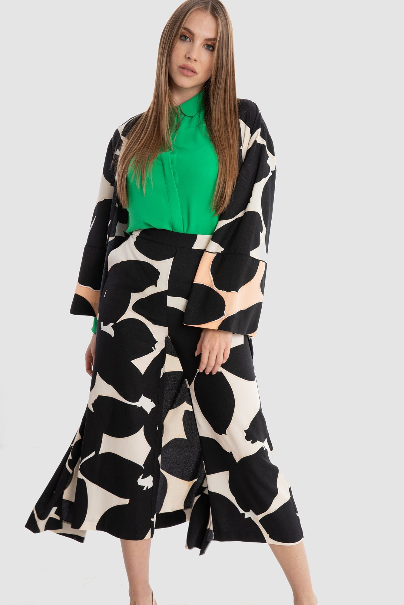 داليدرس كيمونو طويل كم طويل واسع نسائي أسود/أبيض