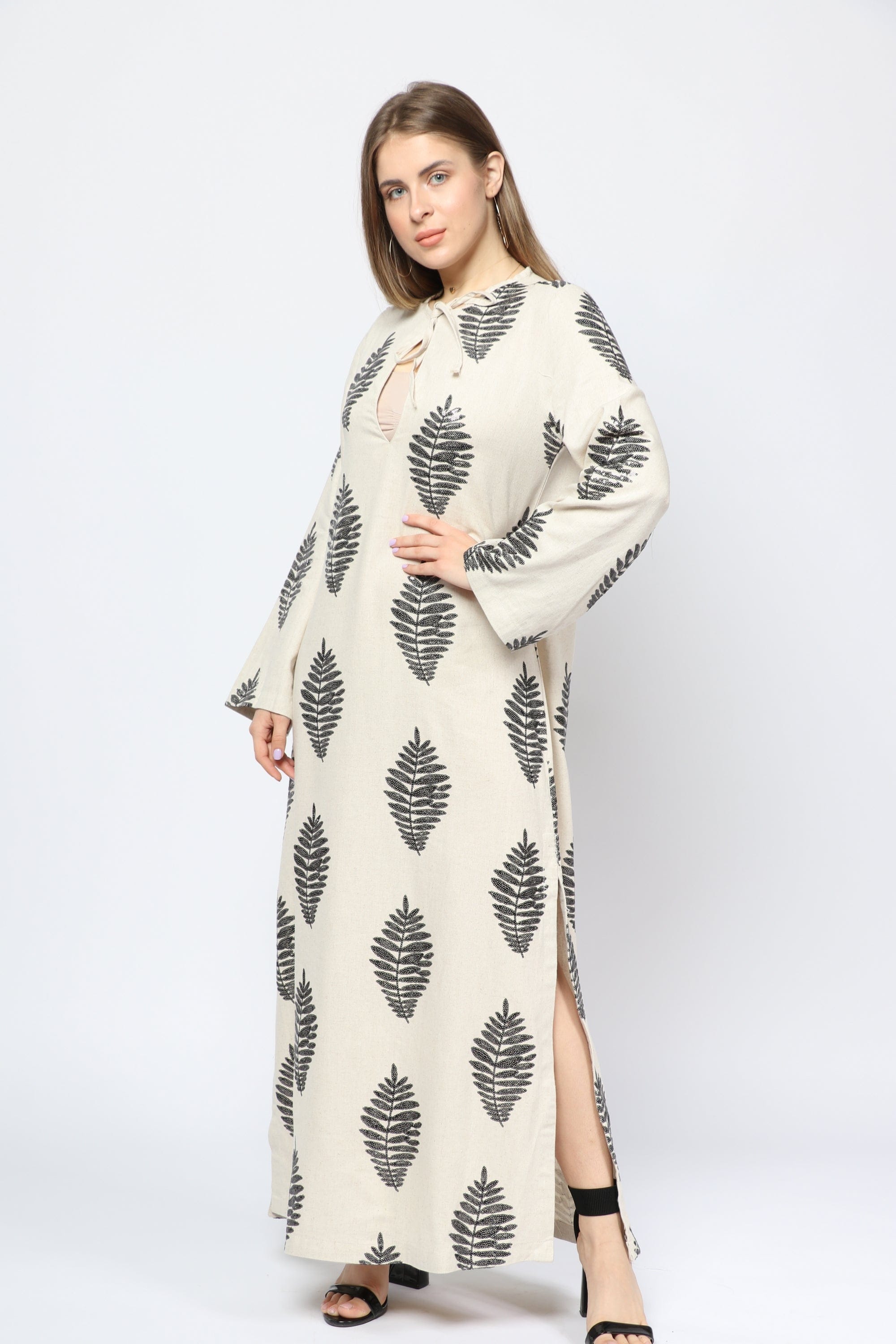 داليدرس قفطان مشجرة كم طويل بفتحتين جانبيتين نسائي بيج/أسود