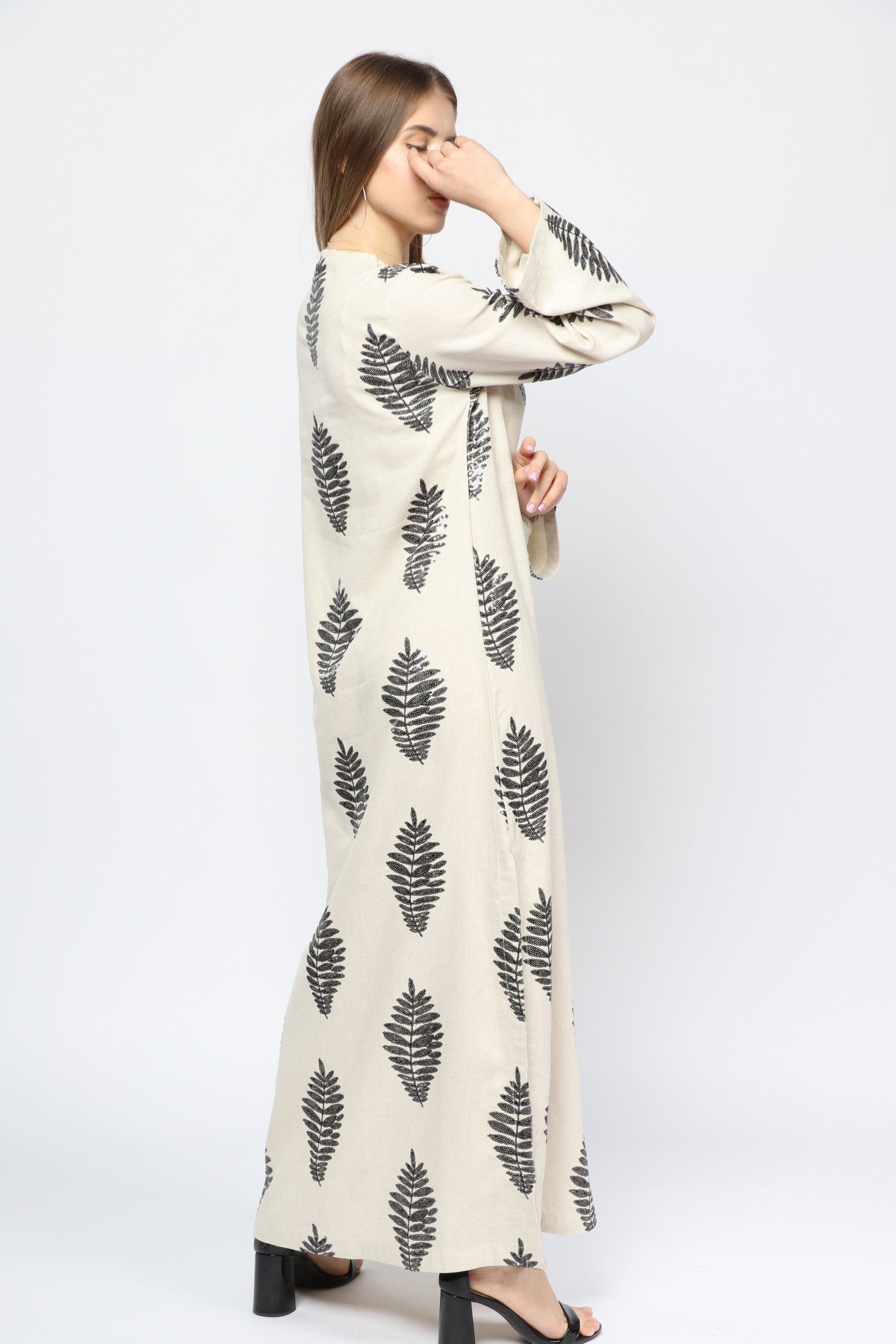 داليدرس قفطان مشجرة كم طويل بفتحتين جانبيتين نسائي بيج/أسود