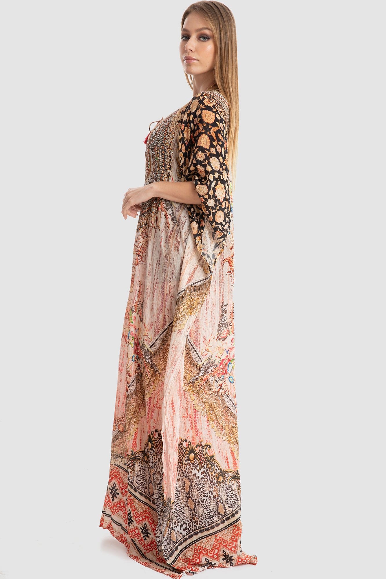 داليدرس قفطان منقوش واسع طويل نسائي وردي/أسود